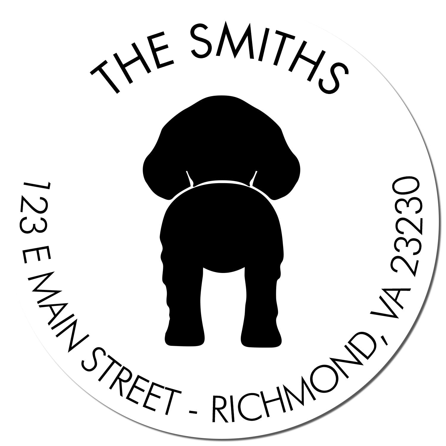 Black rubber dog stamp with a wood handle featuring a custom address imprint from ESS's Brittany series.