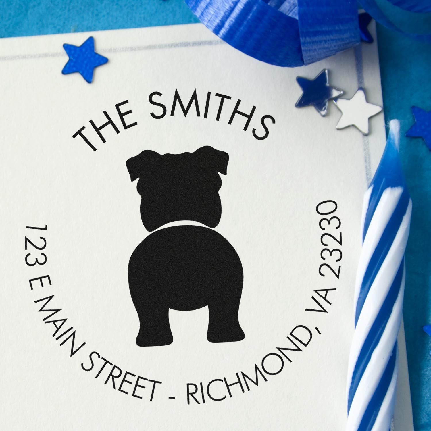 Custom black dog silhouette address stamp and seal for The Smiths, with blue star accents on white.