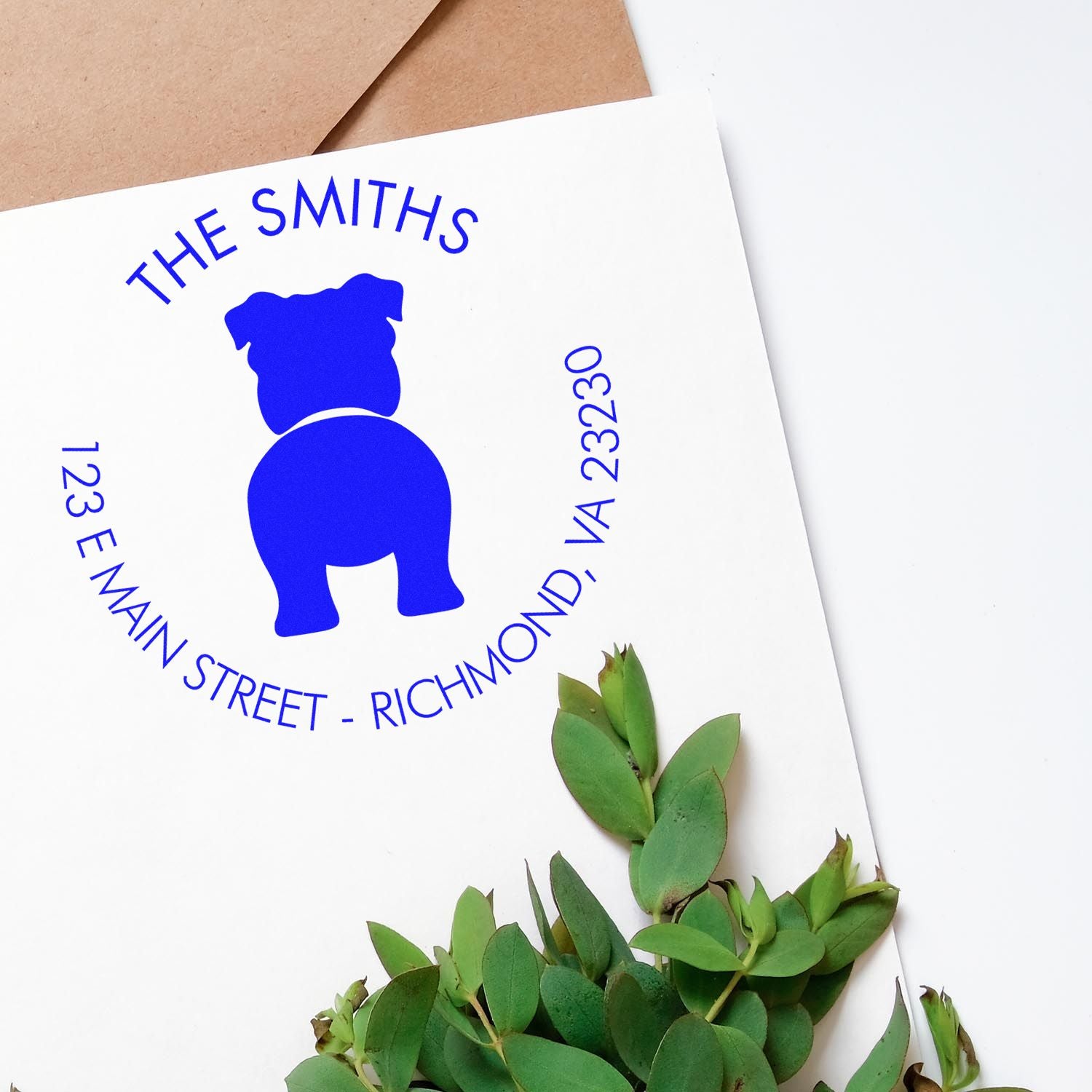 Blue custom dog return address stamp and seal on white card, The Smiths, 123 E Main Street, Richmond, VA 23230