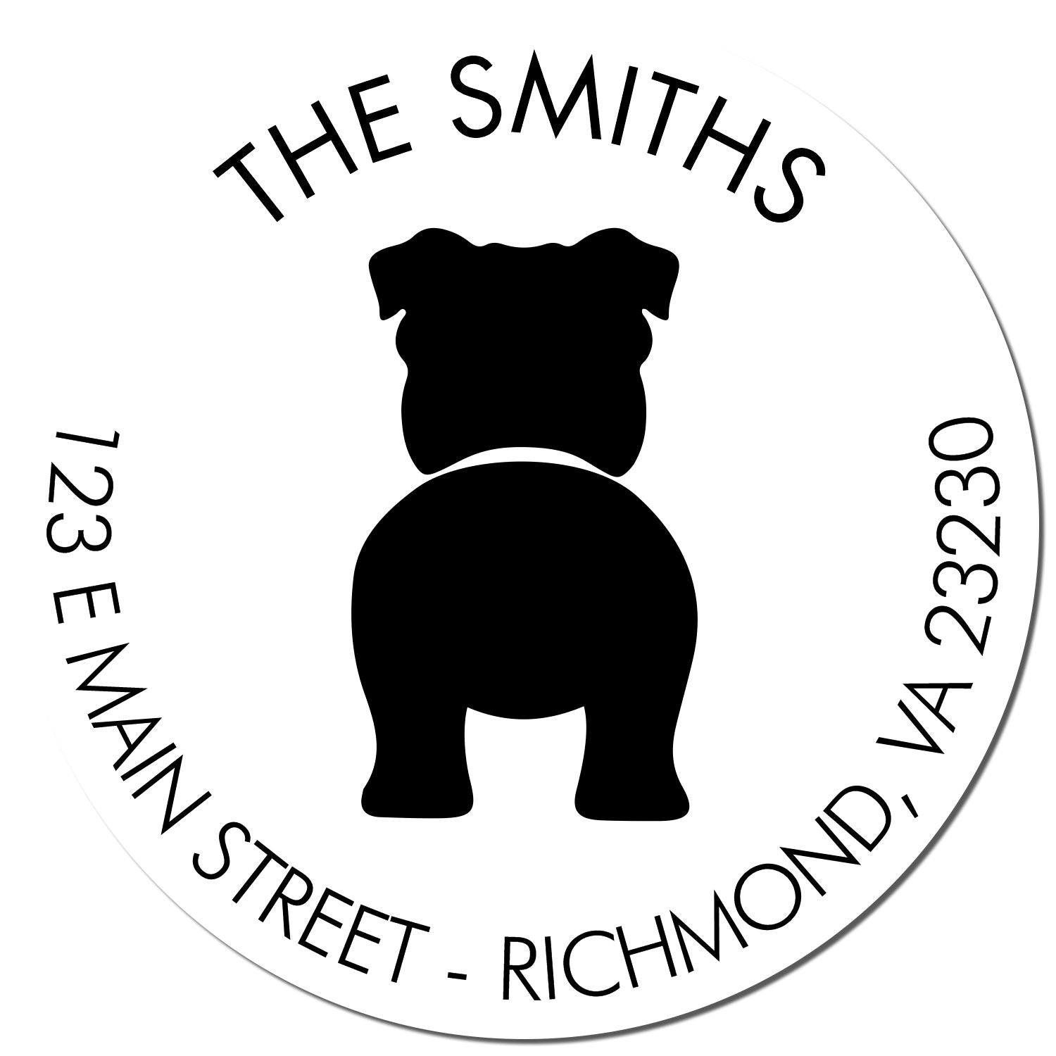 White circular custom seal stamp with black dog silhouette and text THE SMITHS, 123 MAIN STREET, Richmond, VA 23230.