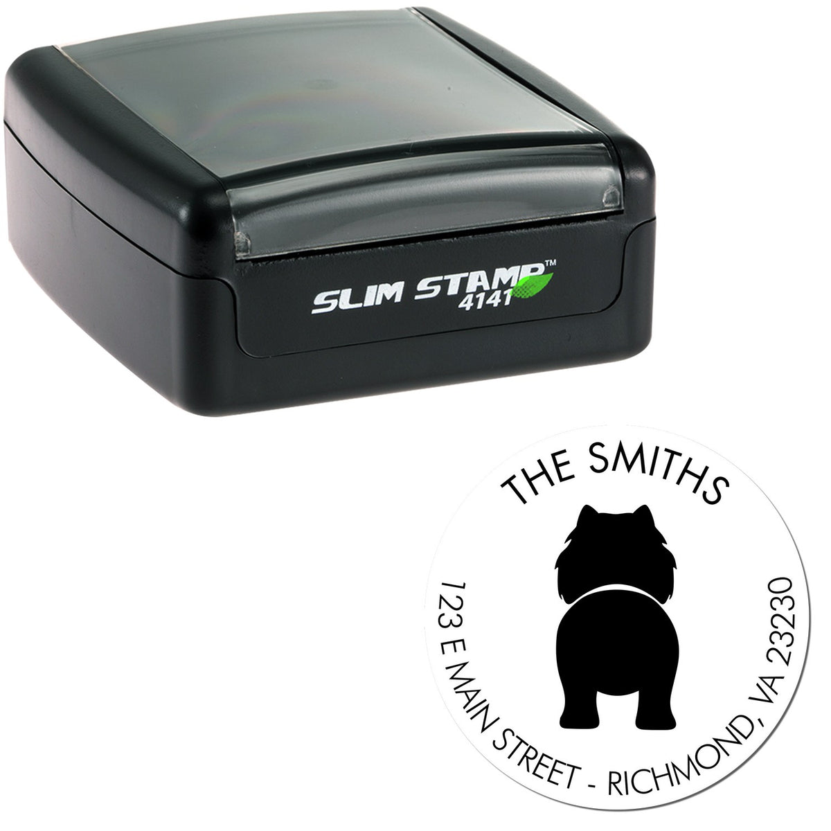 Black Slim Stamp 4141 self-inking stamp with clear cap and round custom address seal in black on white.