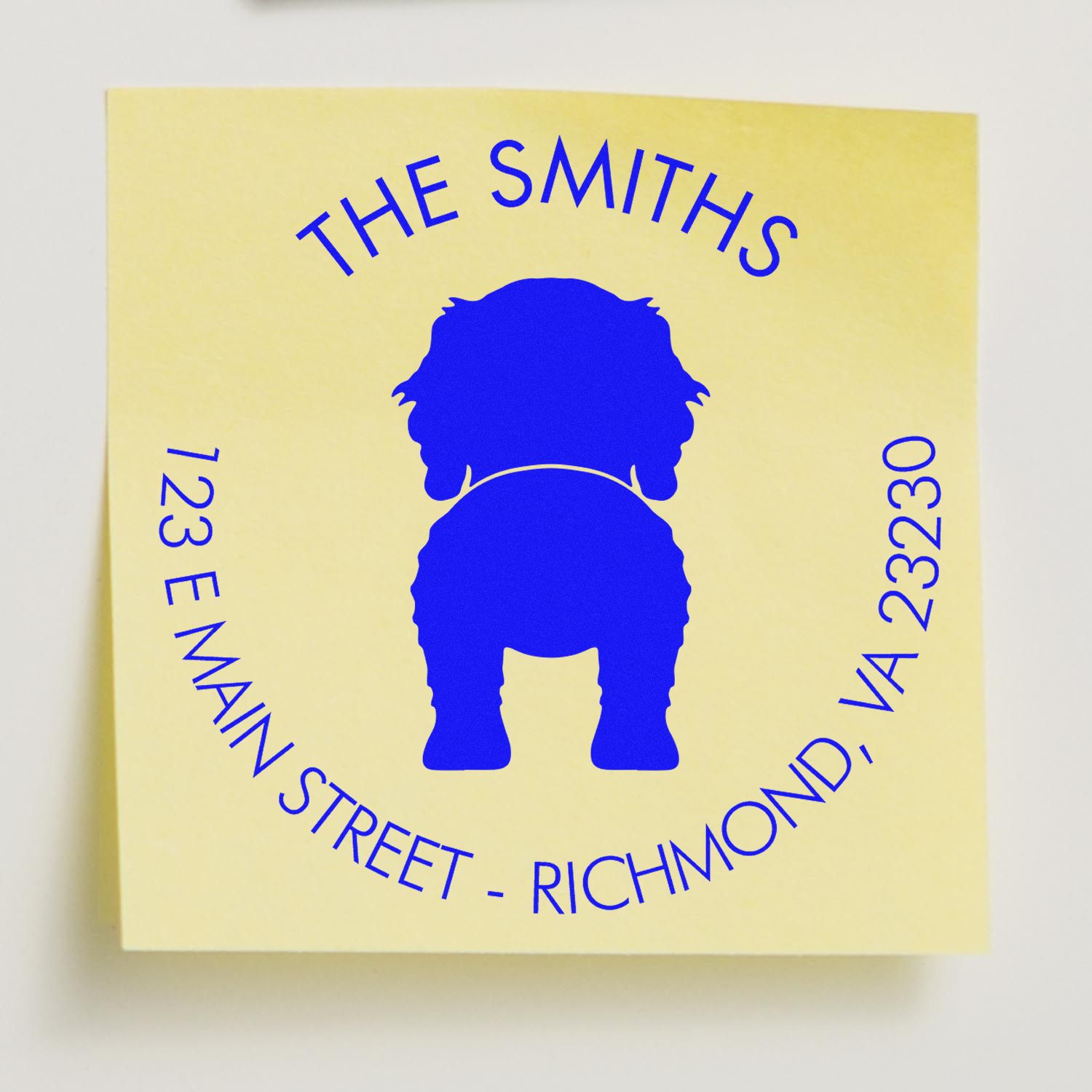Yellow stamp and seal proof with blue THE SMITHS logo and Richmond, VA address on a pale yellow square background.