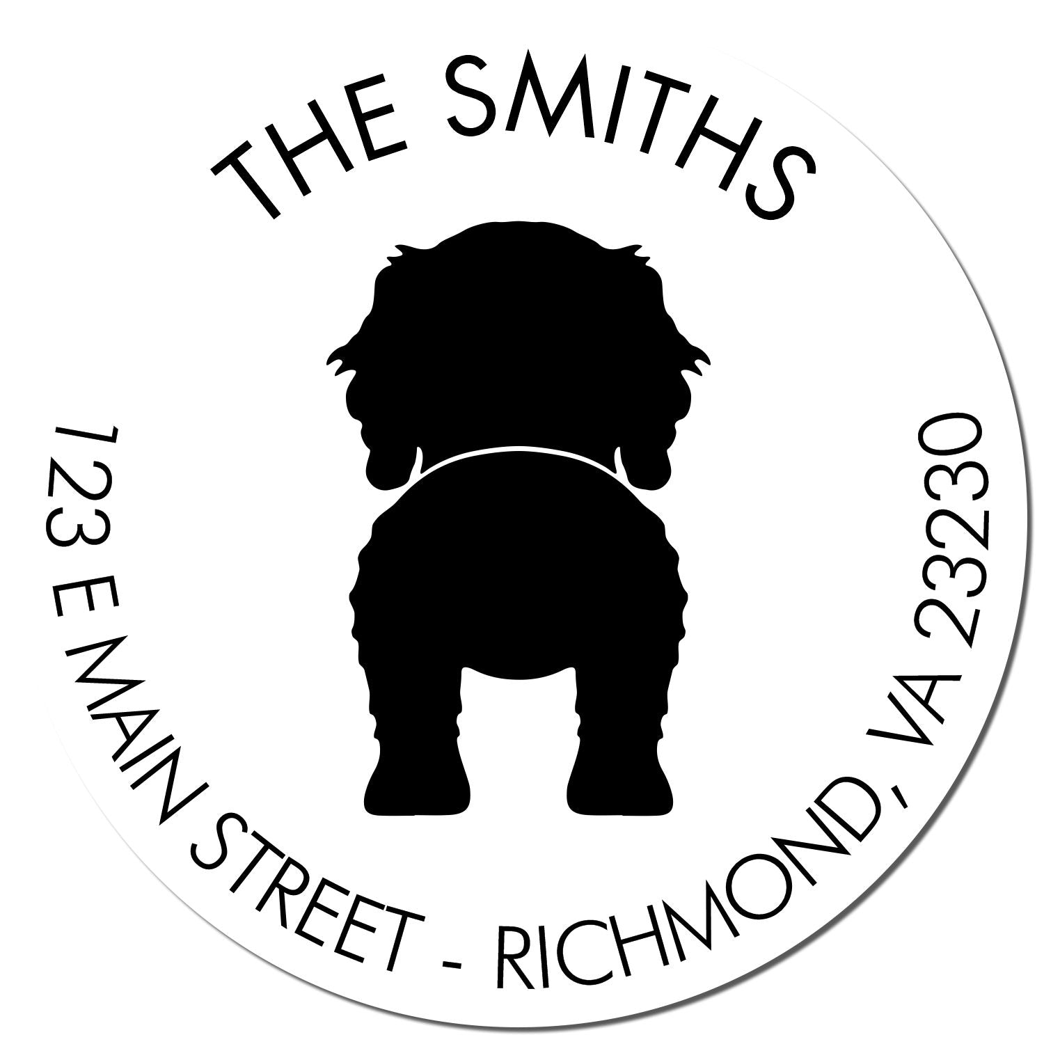 Black-and-white round address stamp seal with dog silhouette, reading The Smiths, 123 E Main St, Richmond, VA 23230.