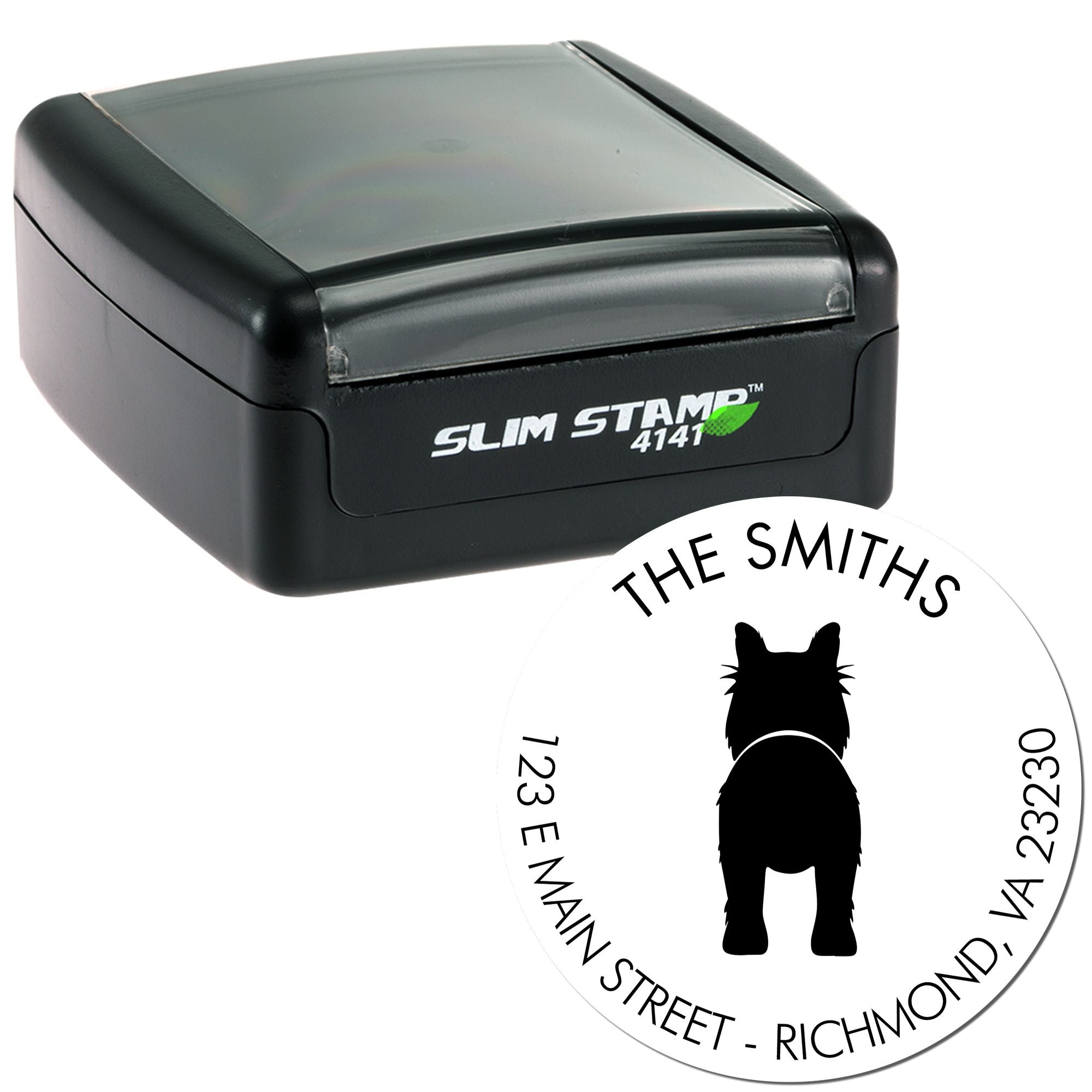 Black Slim Stamp 4141 self-inking stamp with white round custom seal, black horse silhouette, and curved business text.