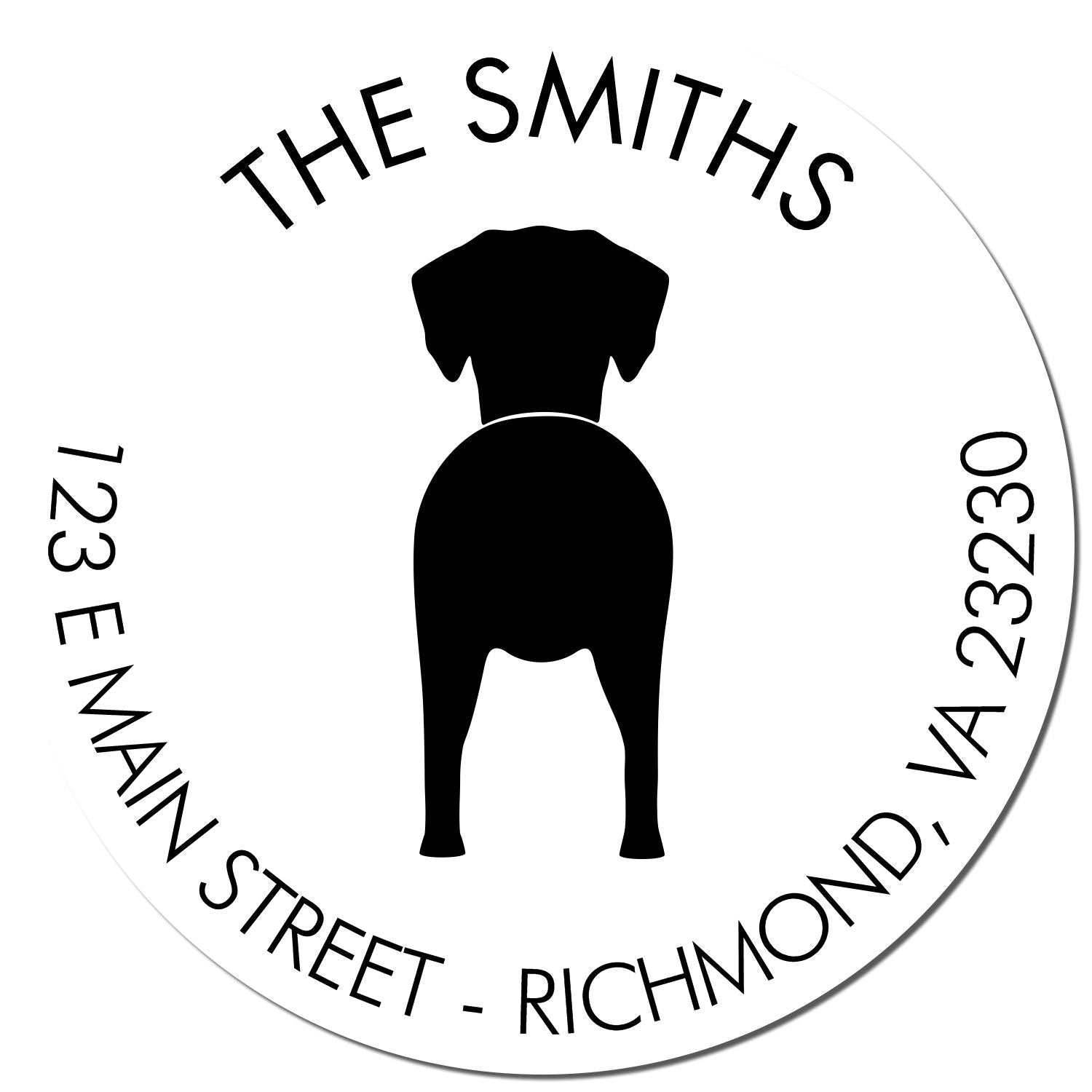 Black rubber dog stamp with a Dalmatian design and wood handle, used for custom pet address printing by ESS.