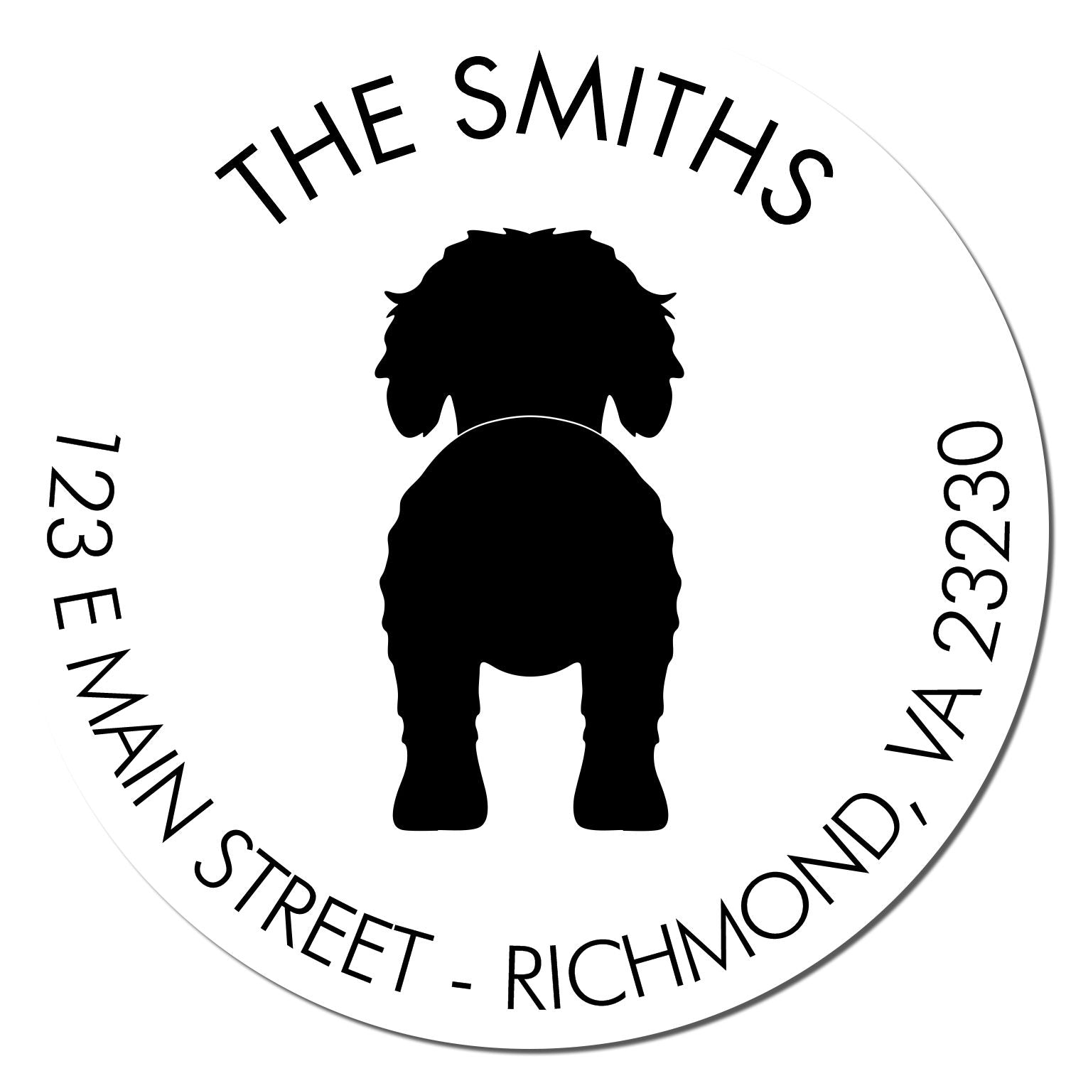 Goldendoodle dog stamp with a wood handle from ESS, featuring a customizable return address imprint in black ink.