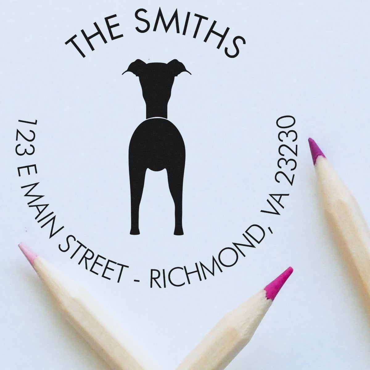 Custom black stamp and seal with dog silhouette, The Smiths, 123 E Main St, Richmond, VA 23230, pink pencil tips.