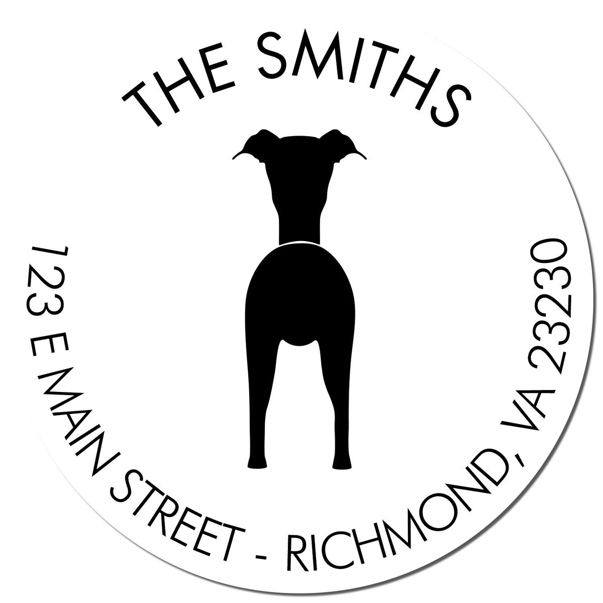 Black-and-white circular address stamp seal with dog silhouette, THE SMITHS, and Richmond, VA 23230 text.