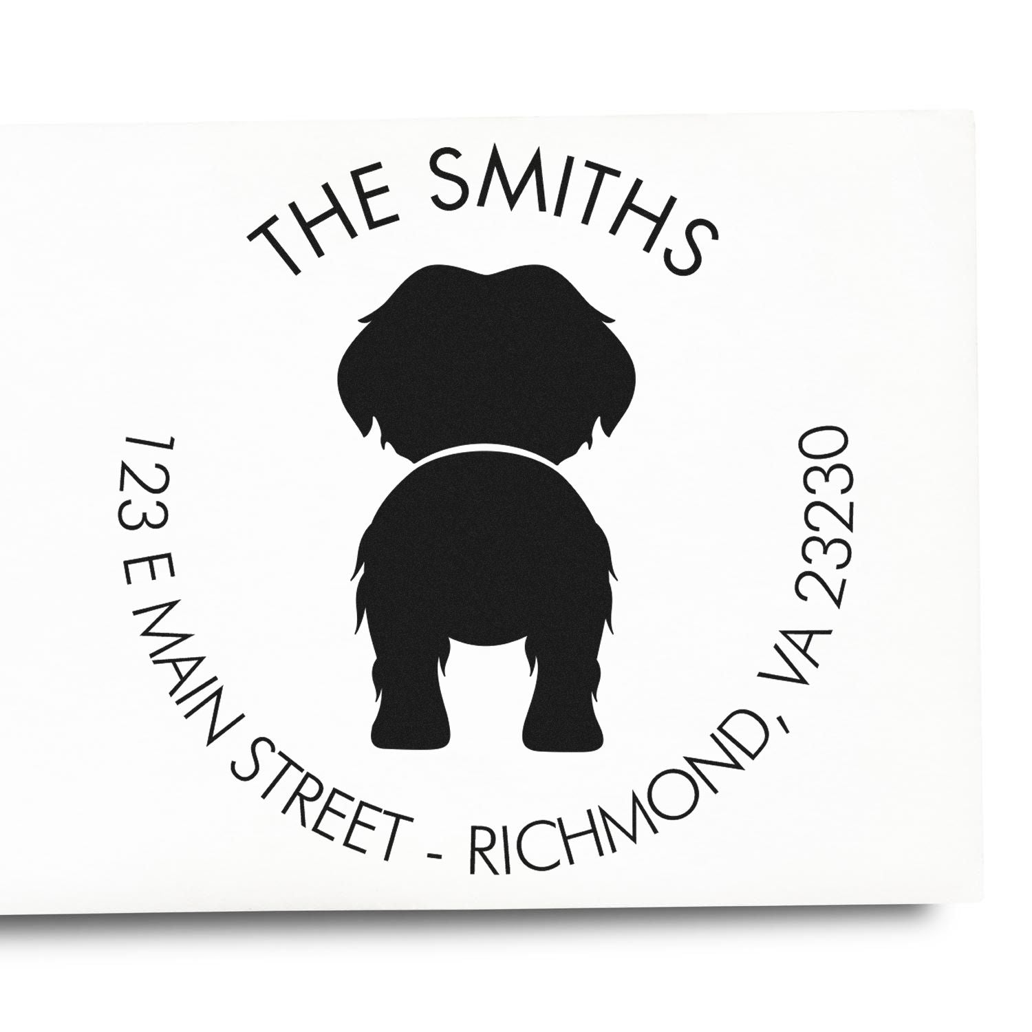 Black custom stamp seal with dog silhouette and circular text: THE SMITHS, 723 E Main Street, Richmond, VA 23230.