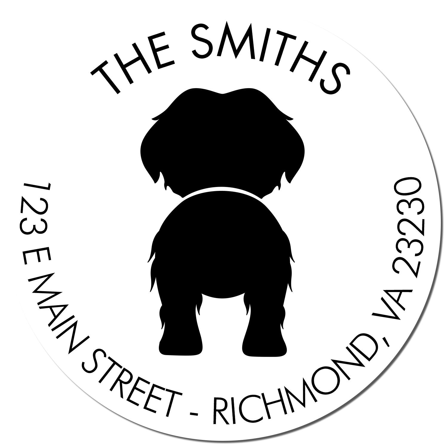 Round white custom address stamp seal with black dog silhouette, THE SMITHS, and 123 E Main Street, Richmond, VA 23230.