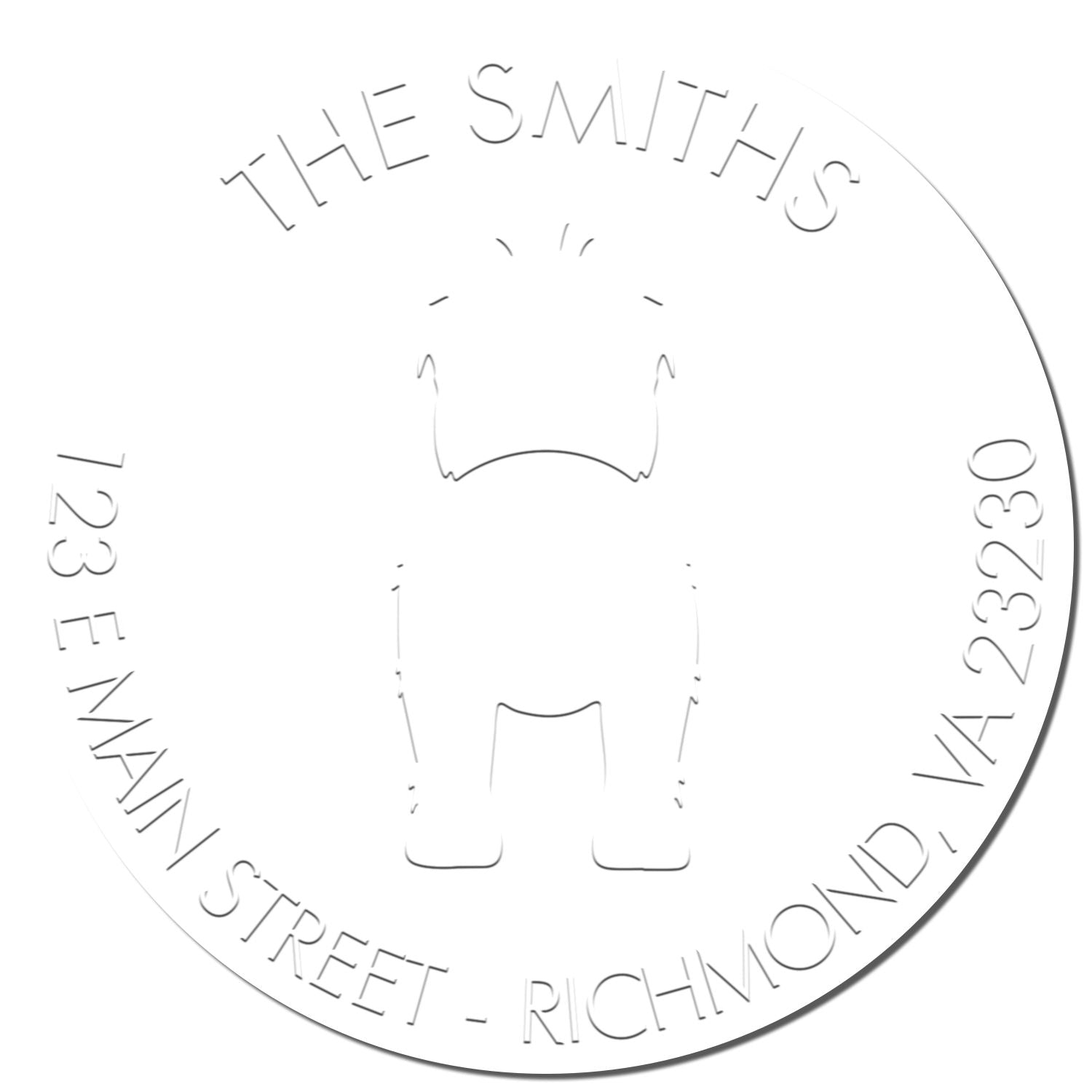 White circular embossing seal with outlined dog and engraved text: The Smiths, 123 Ennan Street, Richmond.