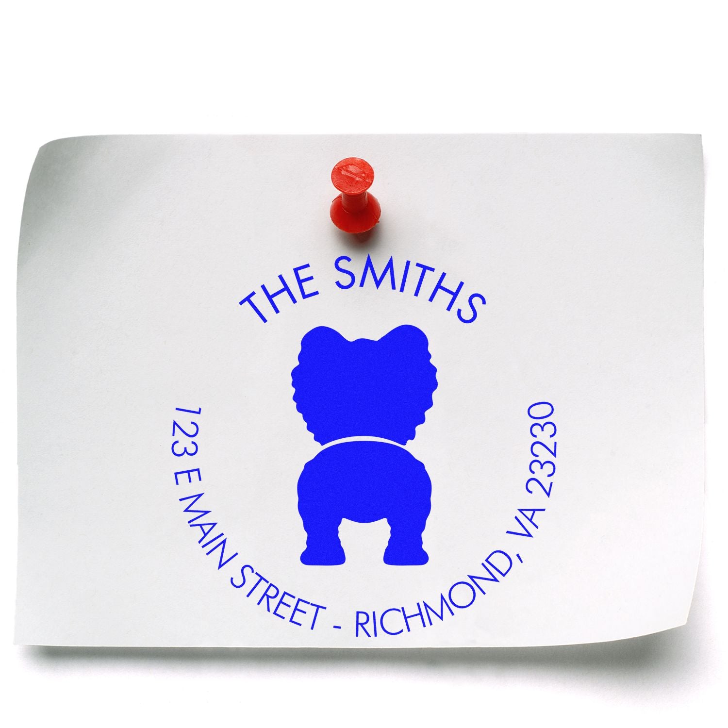 White stamp and seal sheet with blue bear logo and circular address text, pinned by a red pushpin.