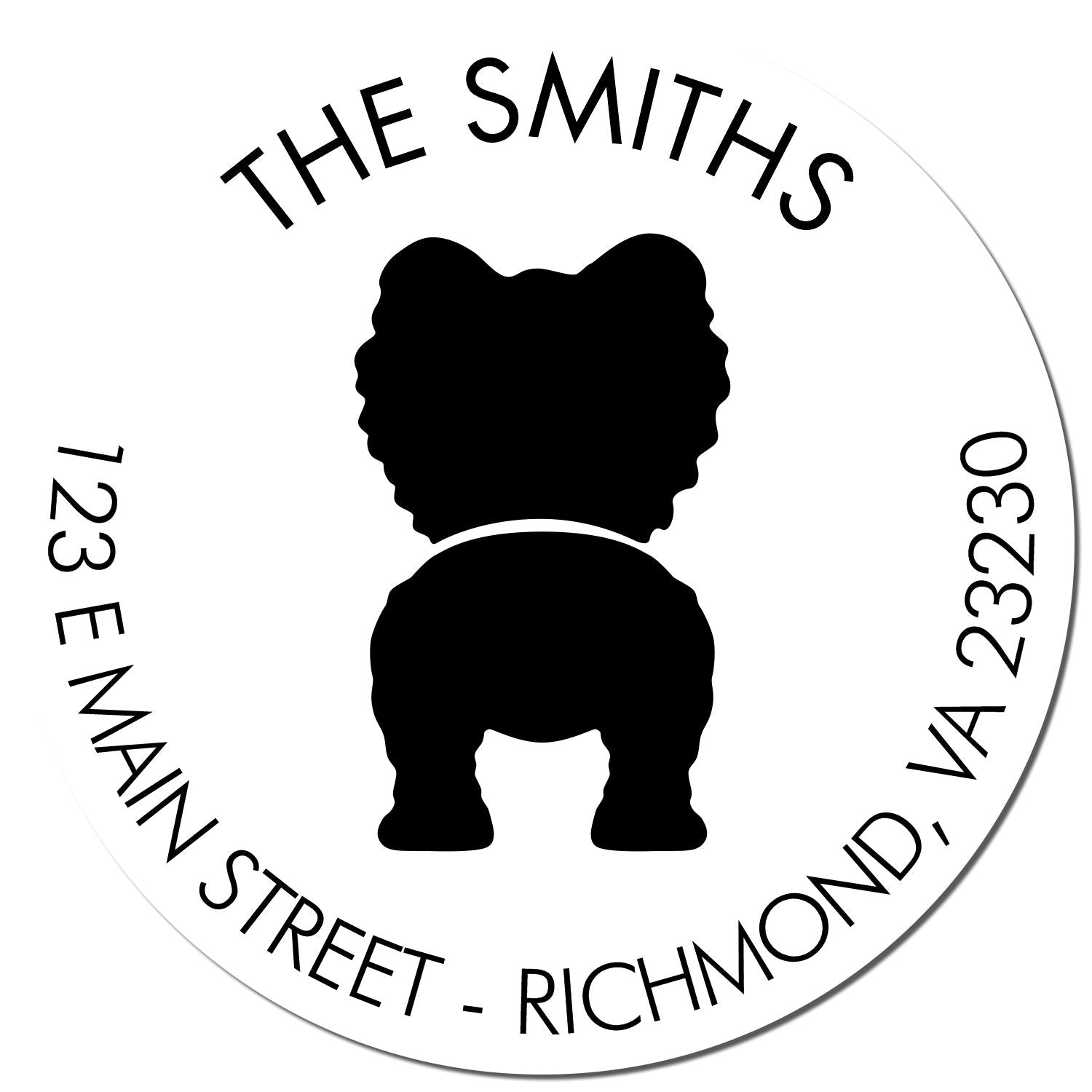 White circular custom address seal with black The Smiths text, silhouette logo, and Richmond, VA address.
