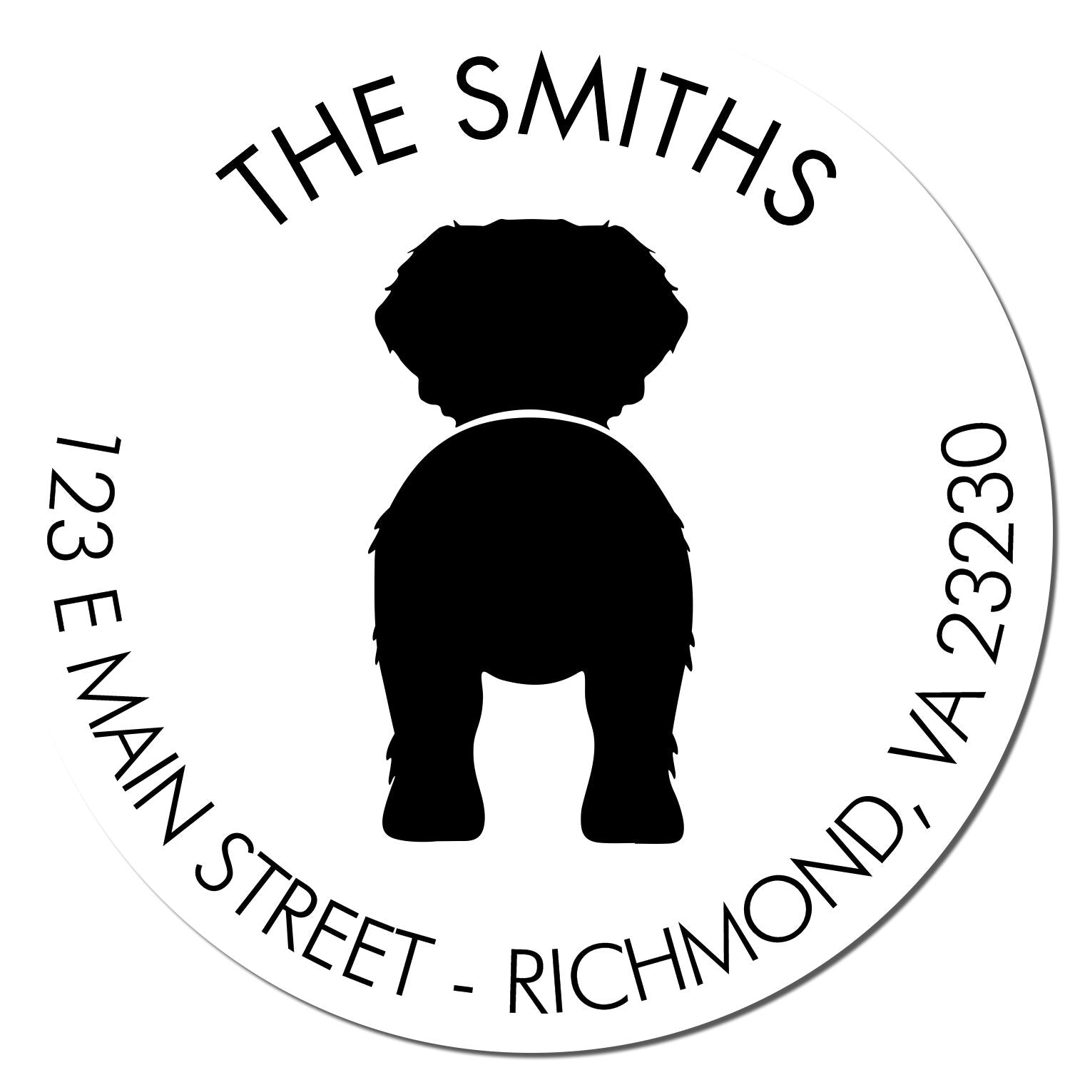 Round black-and-white custom seal stamp with dog silhouette, THE SMITHS, and circular address text.