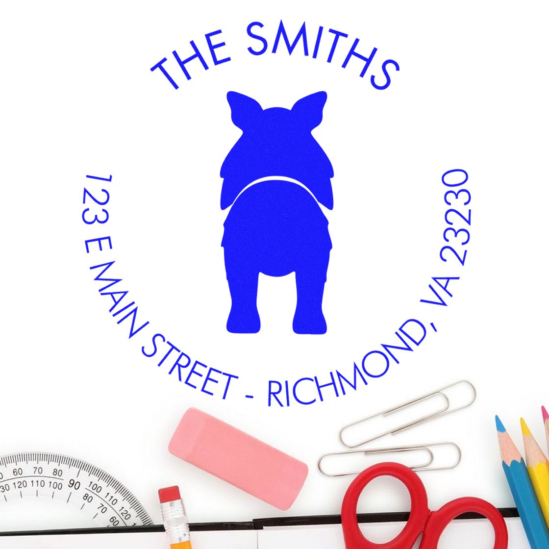 Blue custom stamp seal with dog silhouette, The Smiths text, and Richmond, VA address.