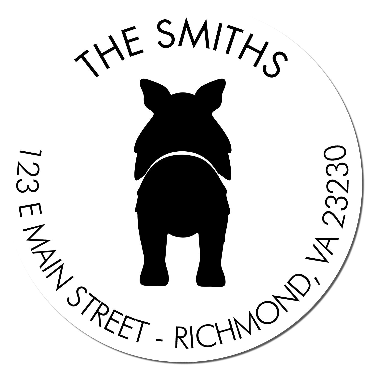 Round white custom stamp seal with black dog silhouette, THE SMITHS, and black address text around the edge.