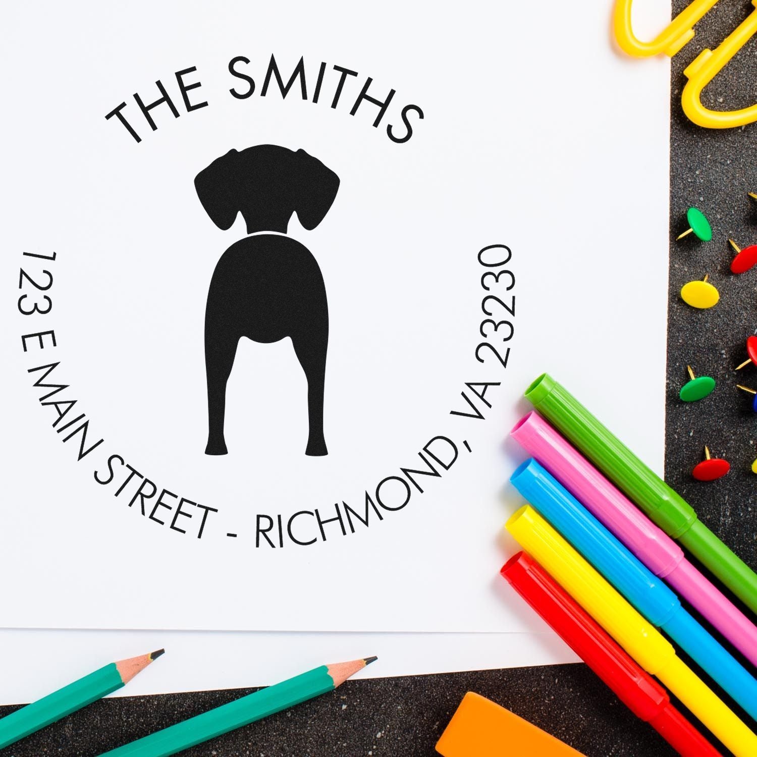 ESS Wood Handle Vizsla dog stamp in use, customizable address return rubber stamp with Vizsla design for mailing labels.