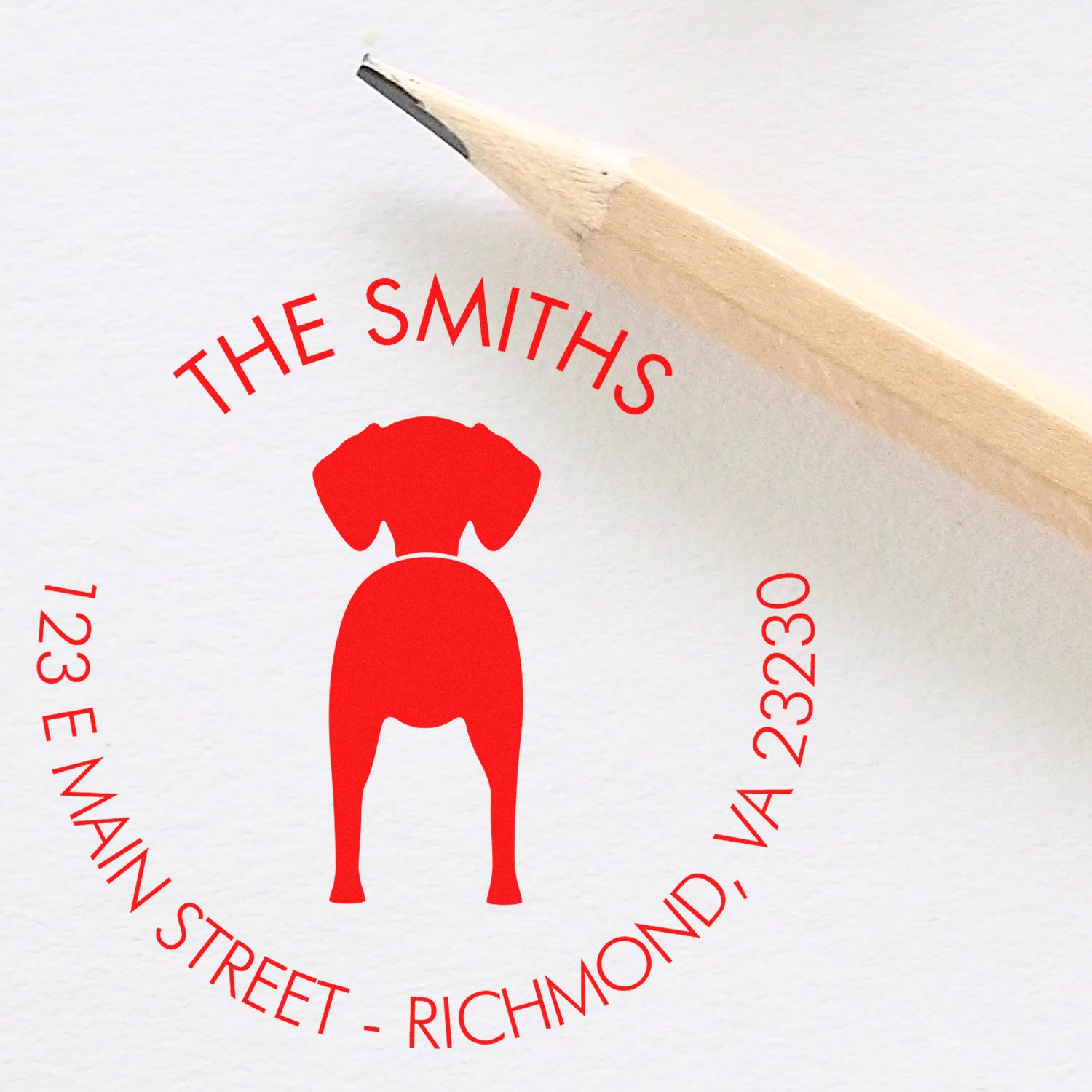 ESS Vizsla dog address rubber stamp with wood handle in use, customizable return address stamp for mailing and branding.