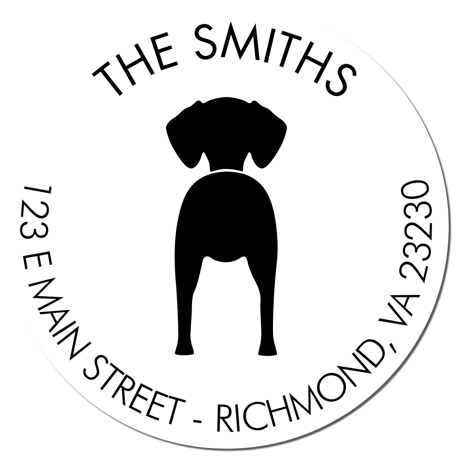 Black rubber dog stamp featuring a Vizsla with customizable address return text, ideal for dog-related mailing needs.