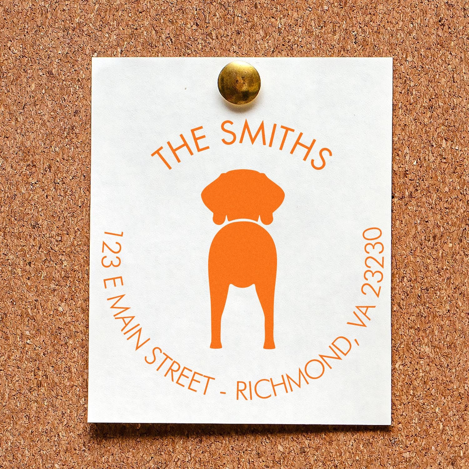 Weimaraner dog-shaped rubber stamp with wood handle, customizable address return stamp by ESS in use.