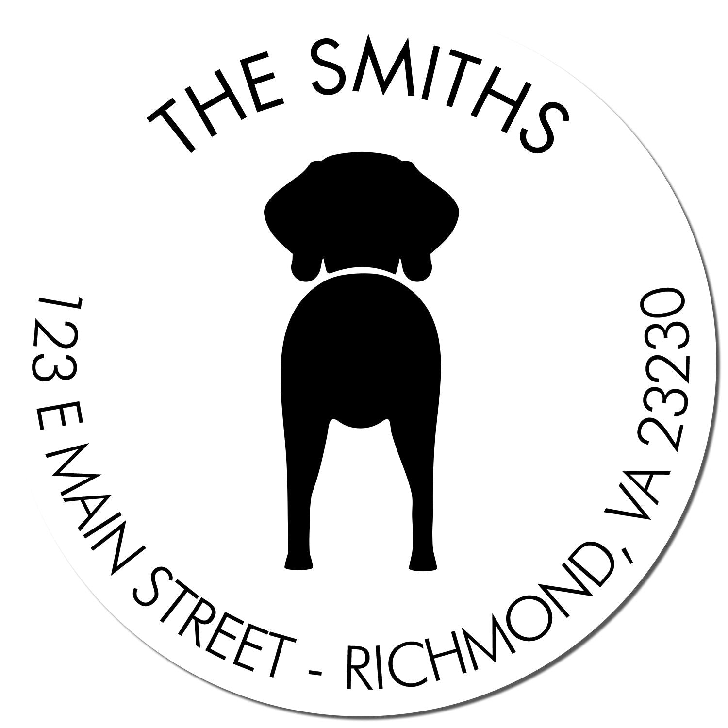 Black rubber dog stamp featuring a Weimaraner with customizable address details, ideal for personalizing return mail.
