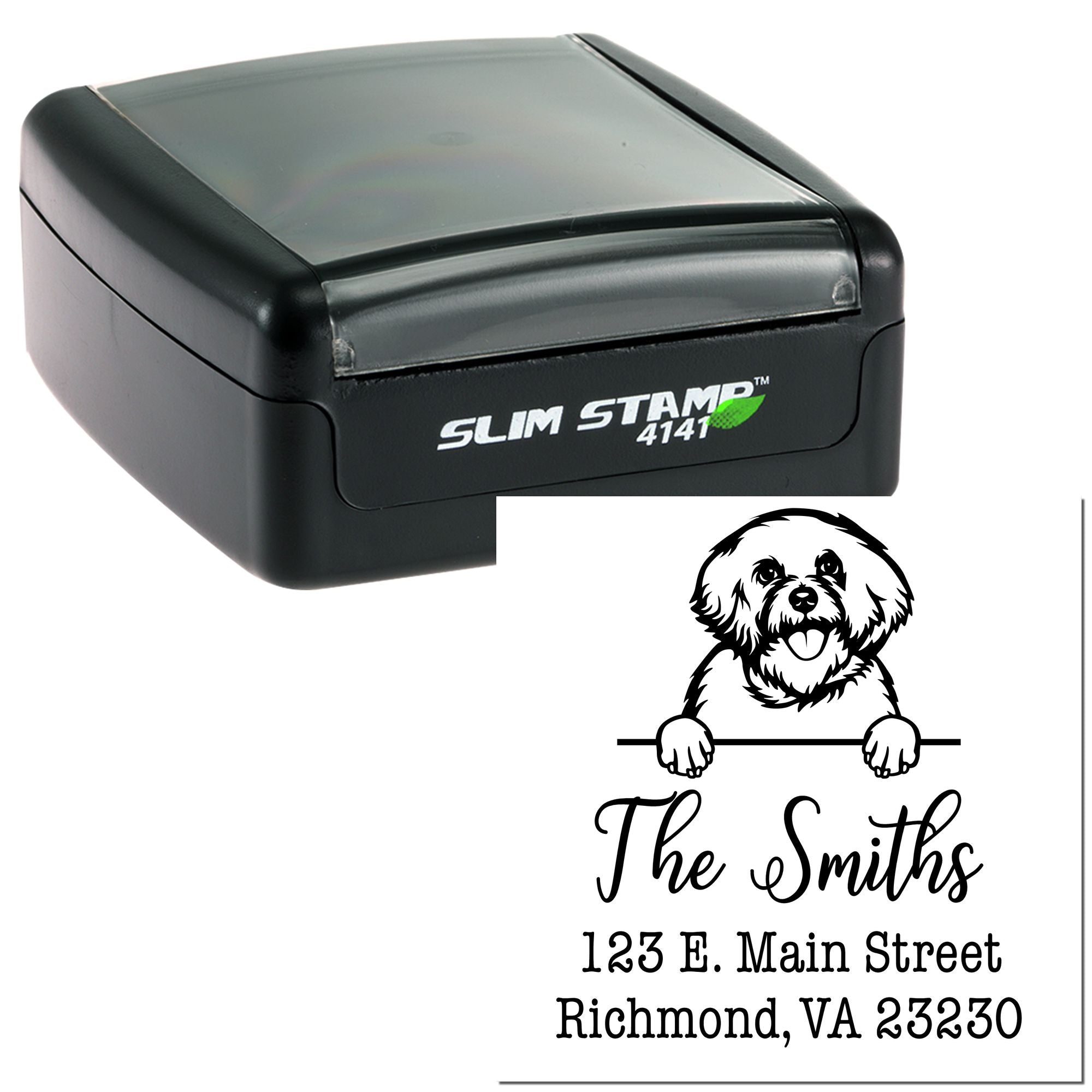 Slim Pre-Inked Bichon Frise Customized Name and Address Rubber Stamp - Engineer Seal Stamps