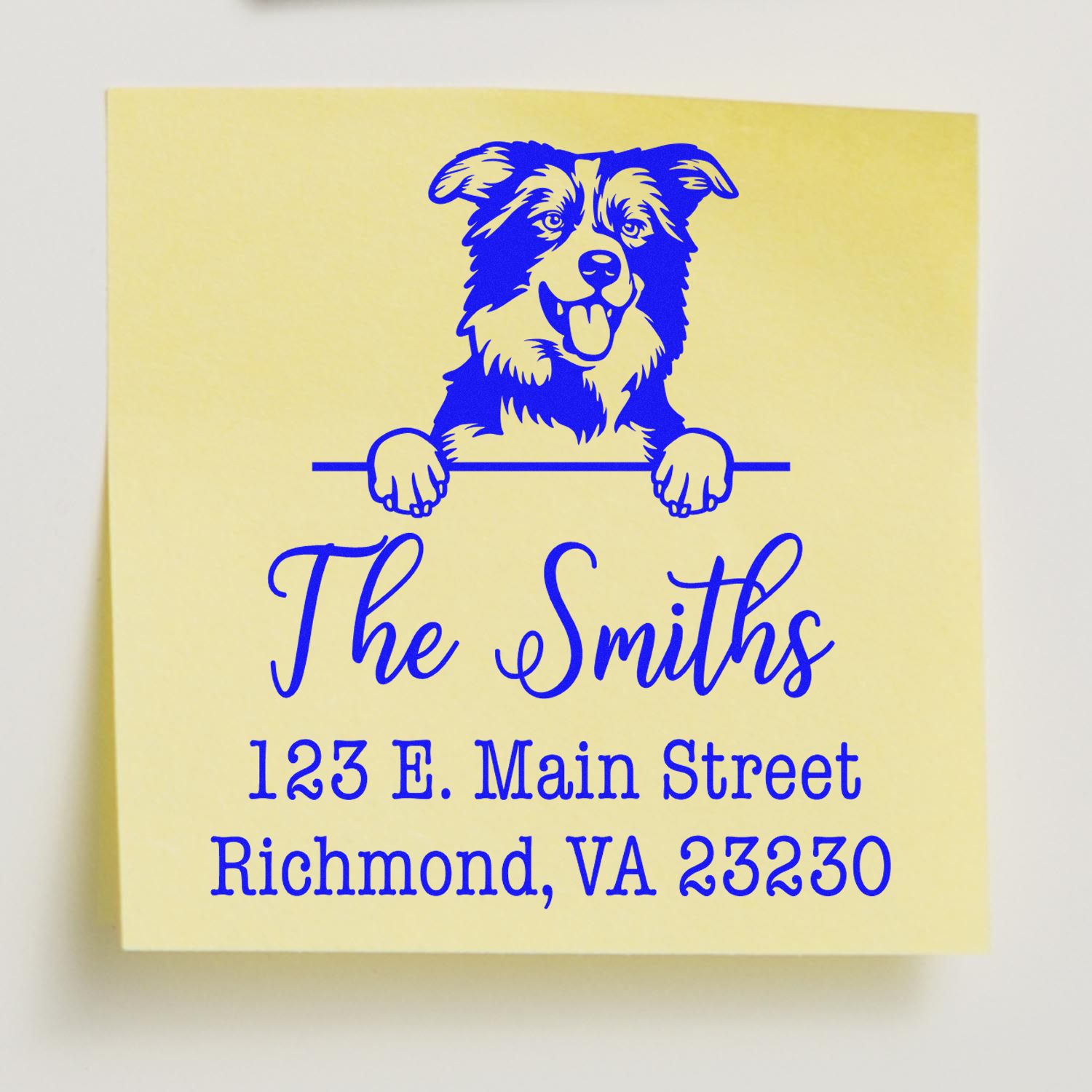 Blue dog family return address stamp on yellow paper, with The Smiths and Richmond, VA 23230