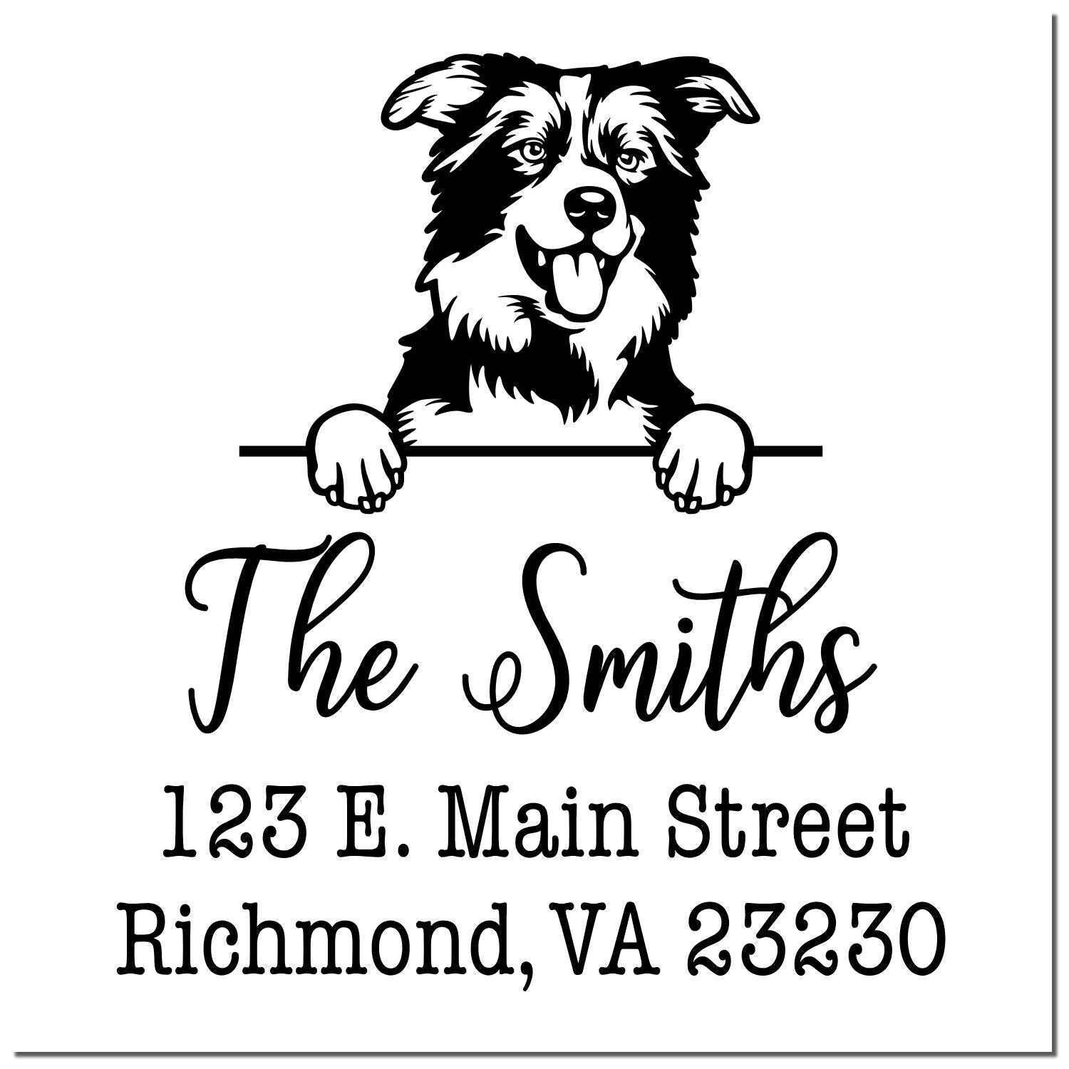 Black-and-white personalized address stamp with a dog, The Smiths, and Richmond, VA 23230.