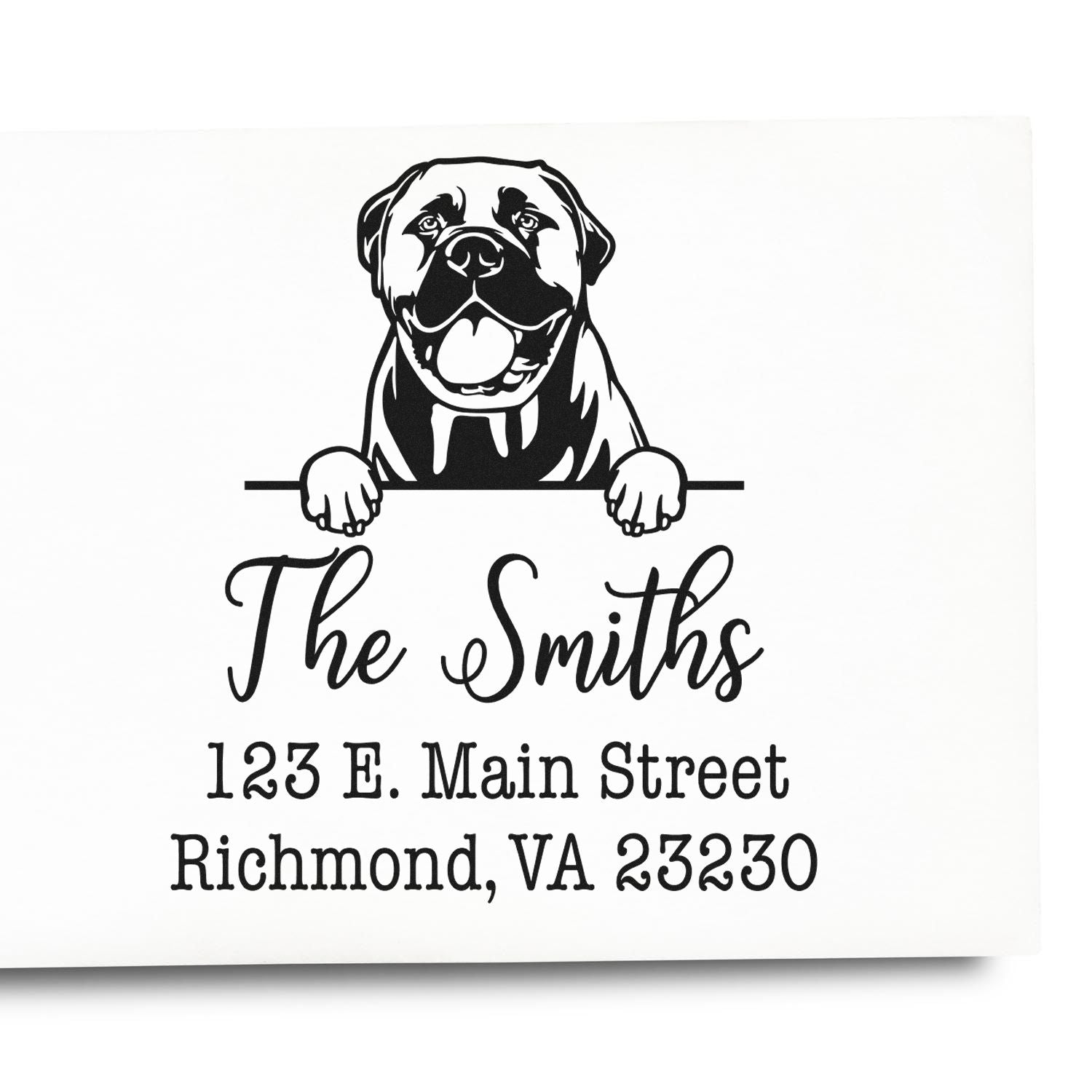 Black-and-white custom address stamp seal with a dog holding a line, The Smiths, and Richmond, VA address.