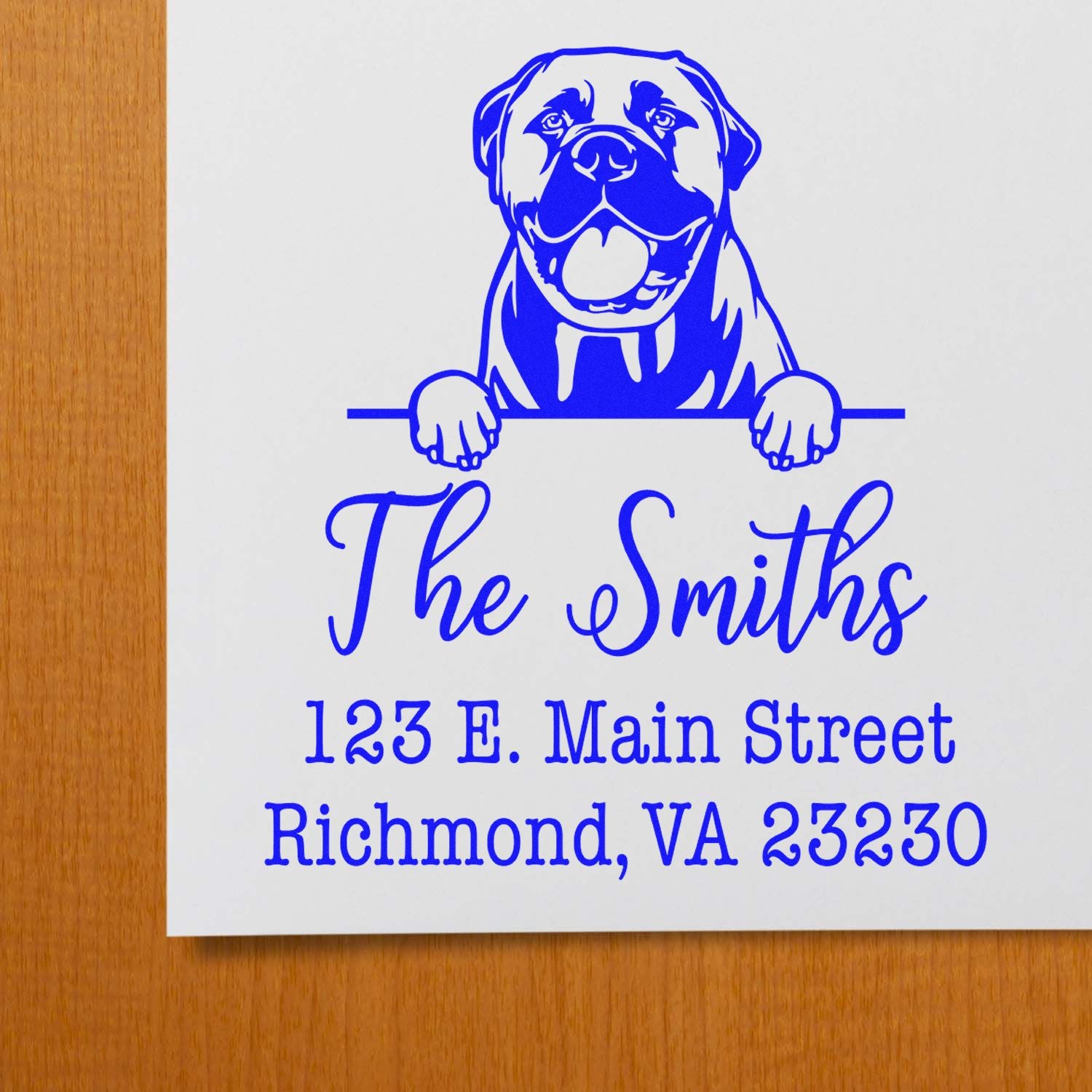 Blue custom address stamp and seal with dog mascot, The Smiths, 123 E. Main Street, Richmond, VA 23230