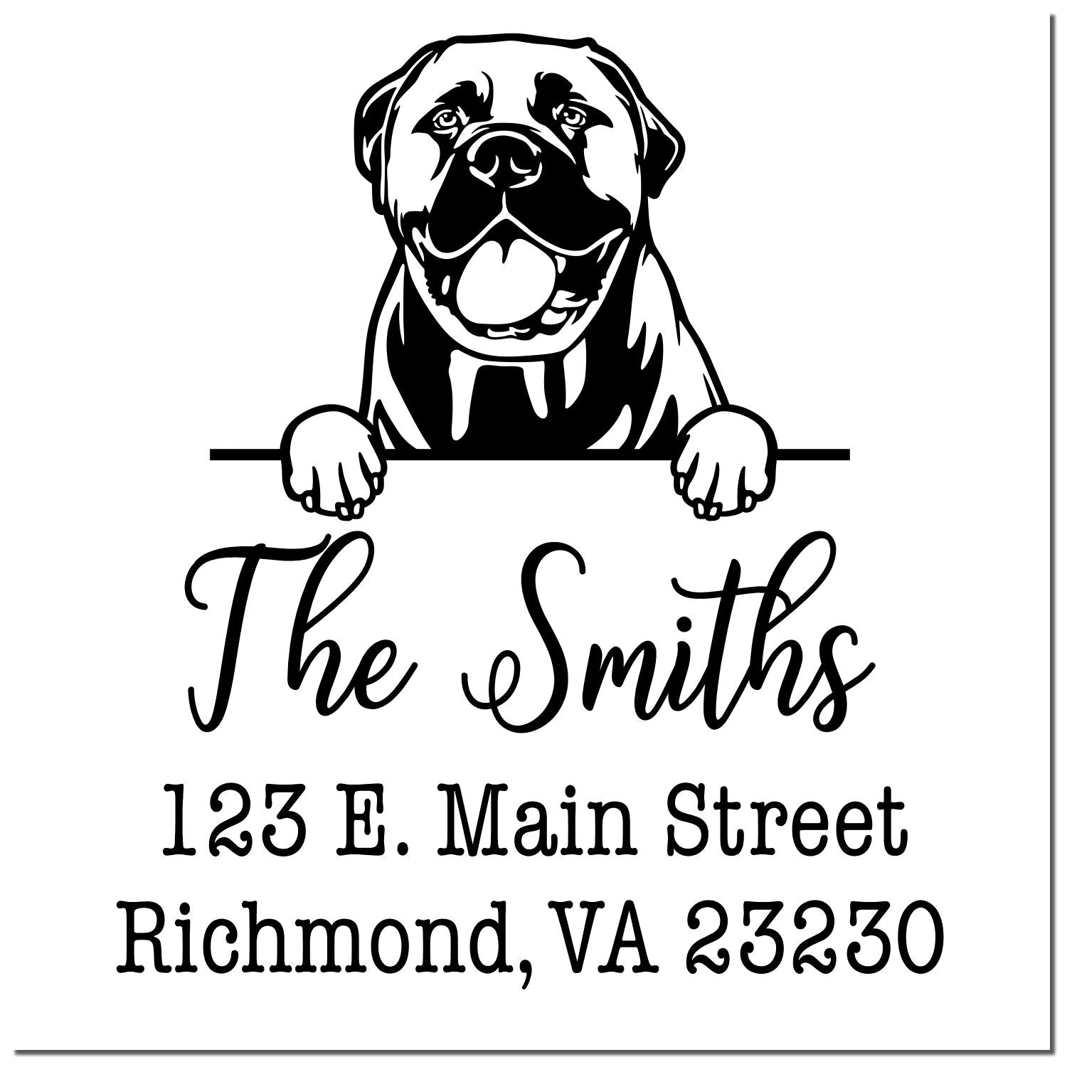 Black custom stamp/seal with dog logo, The Smiths, and address 123 E. Main Street, Richmond, VA 23230 on white background