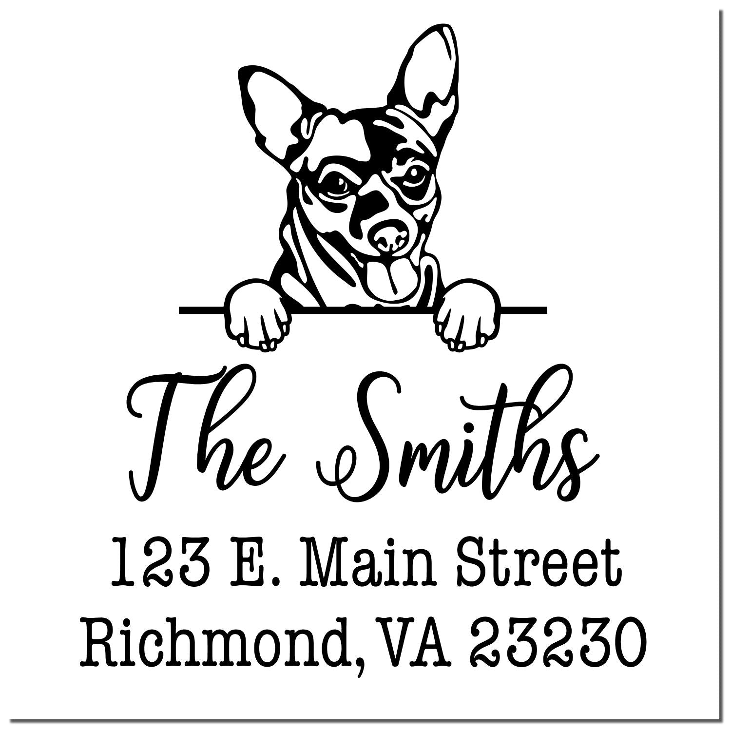 Black-and-white custom address stamp seal with dog peeking over line, The Smiths, 123 E. Main Street, Richmond, VA 23230
