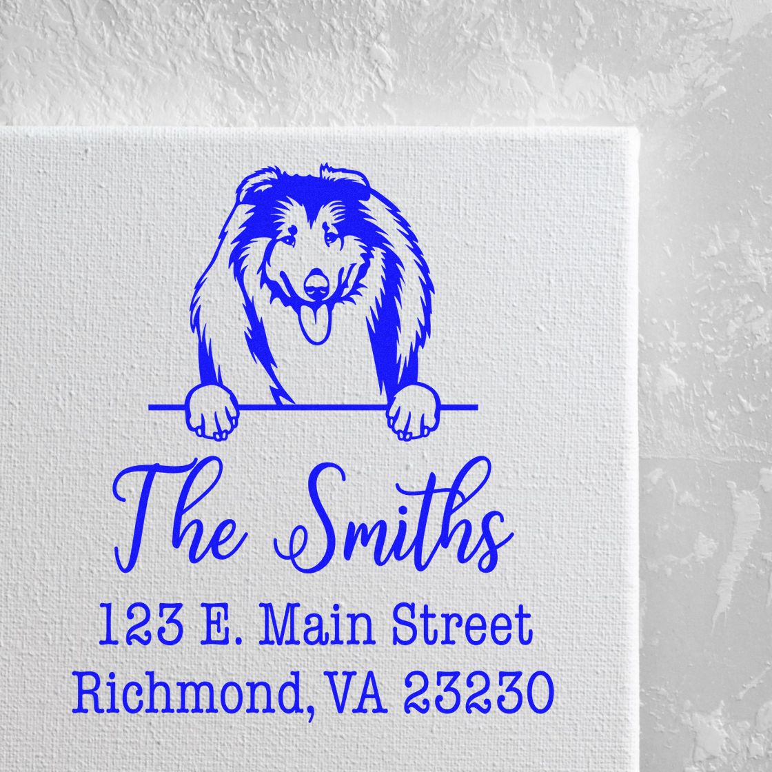 Blue custom stamp/seal design with dog mascot, The Smiths, and Richmond, VA address on white textured background.
