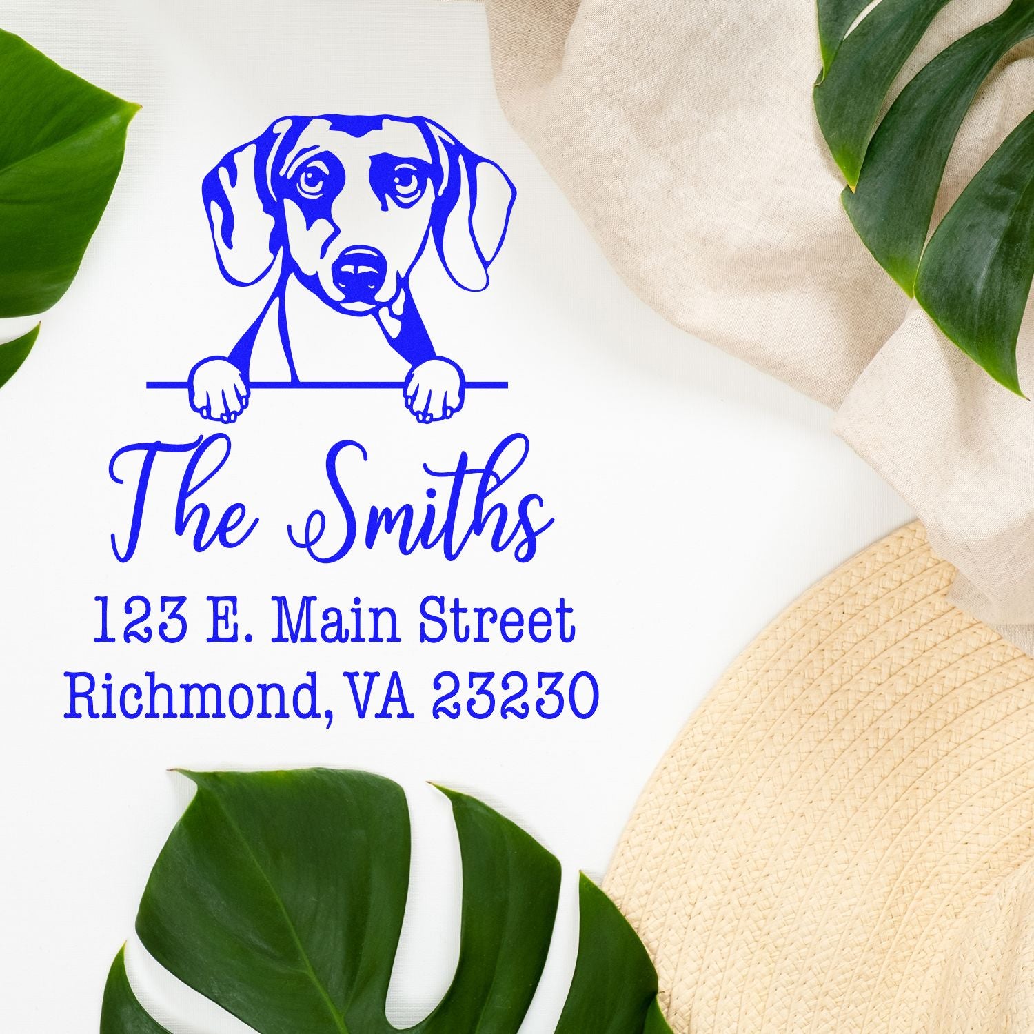 Custom blue dog return address stamp and seal in blue with The Smiths, 123 E. Main Street, Richmond VA.