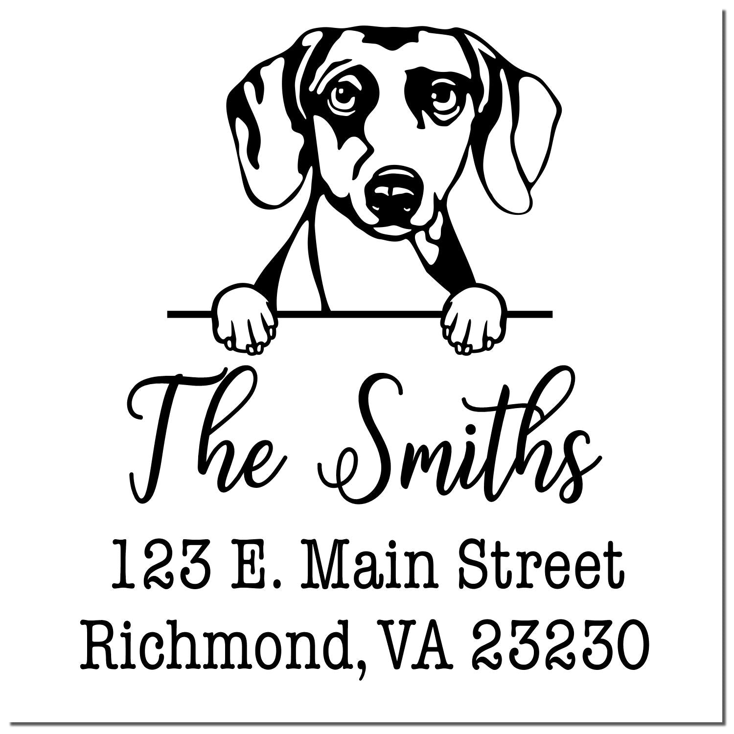 Black-and-white custom stamp seal with dog illustration, The Smiths, and address 123 E. Main Street, Richmond, VA 23230.