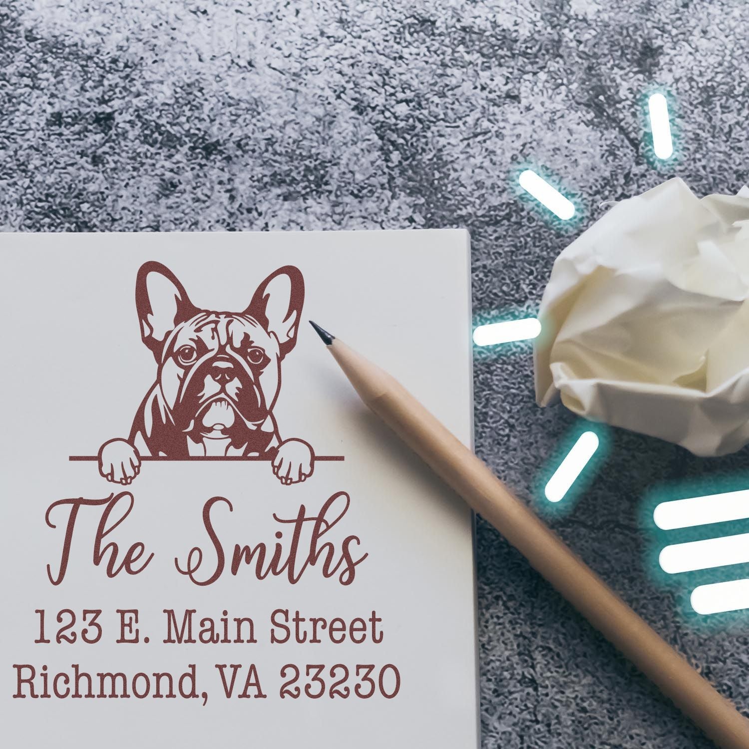 PSI Pre-Inked French Bulldog Personalizable Dog Design Address Rubber Stamp - Engineer Seal Stamps