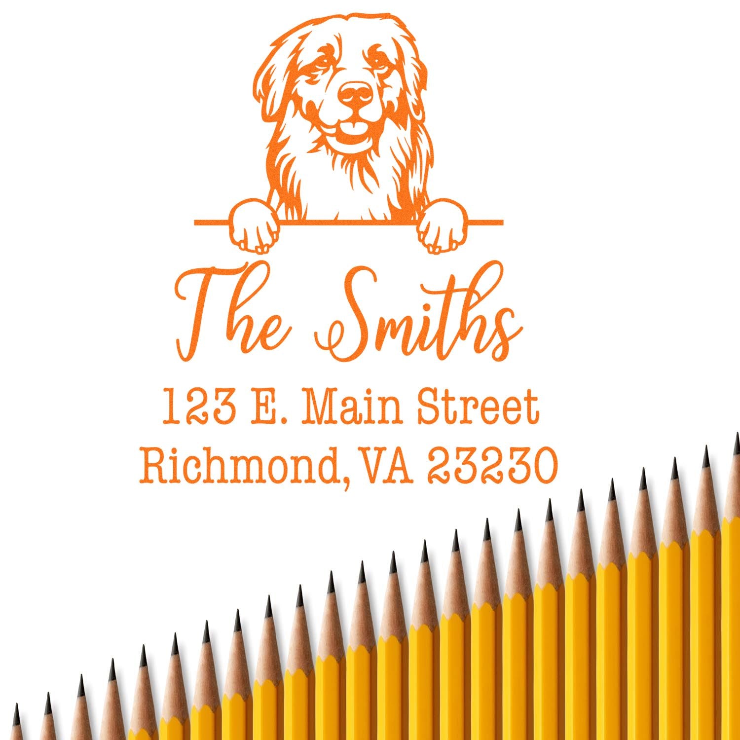 Orange custom address stamp and seal with dog logo, The Smiths, Richmond VA, over yellow pencils.