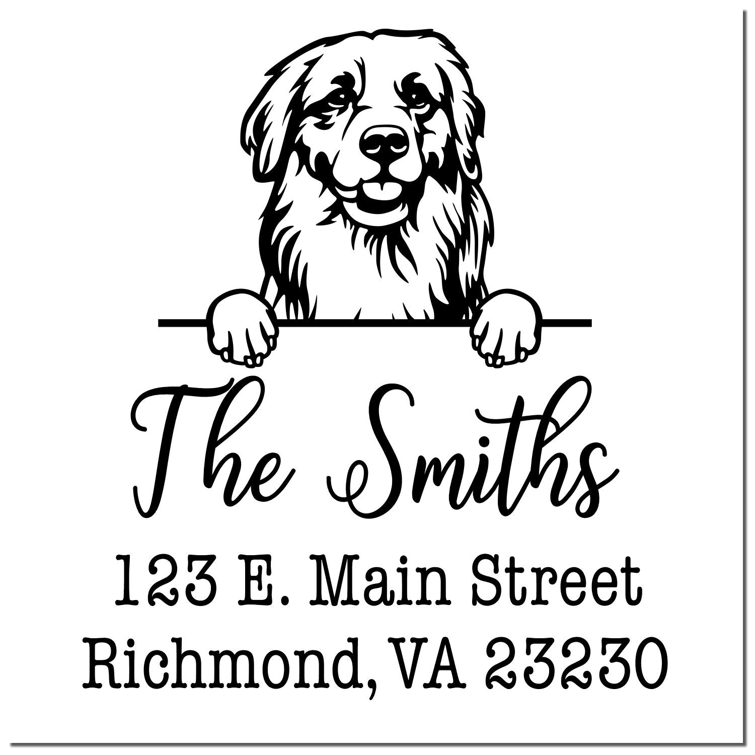 Black custom address stamp and seal with dog illustration, The Smiths, and Richmond, VA 23230 in decorative script.