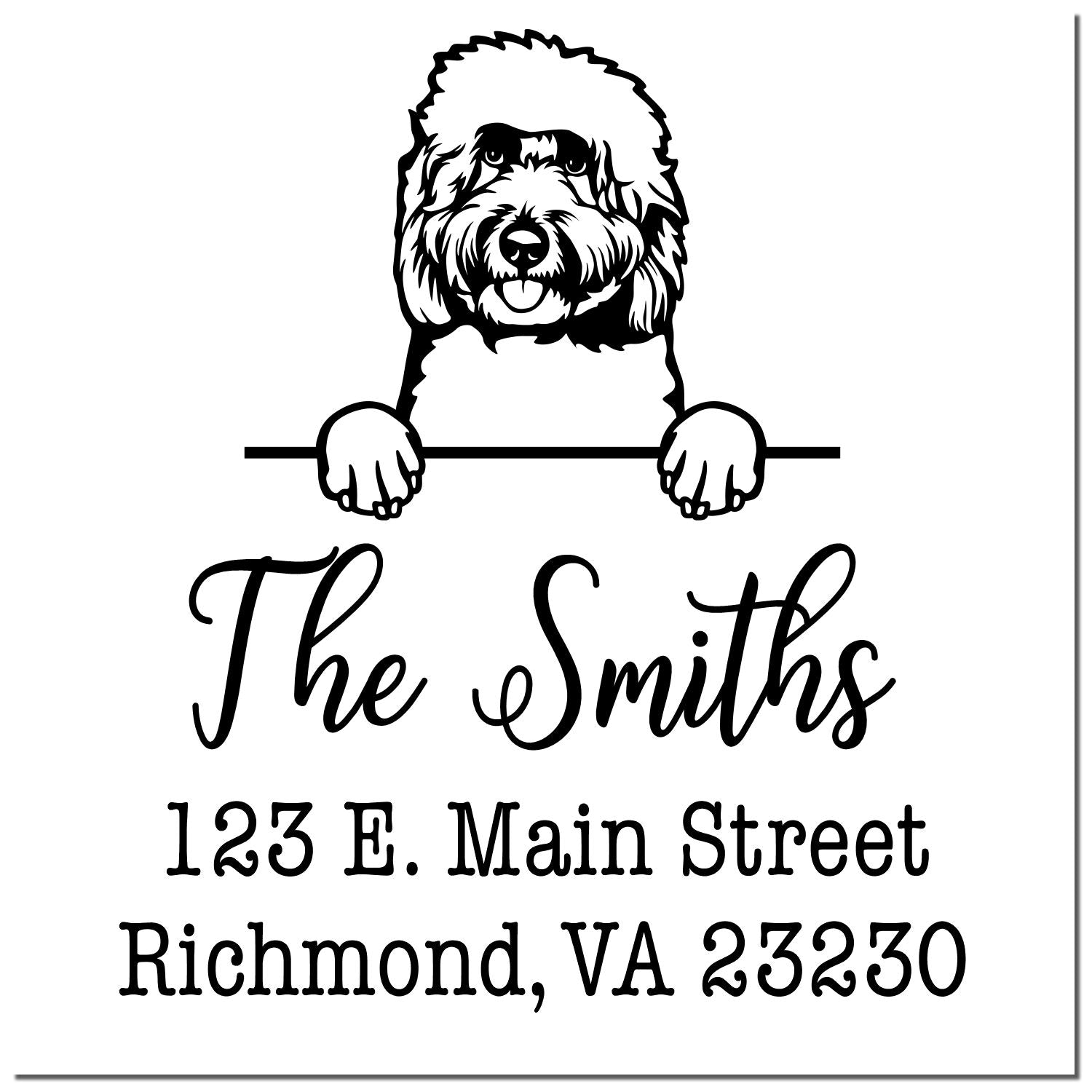 Black-and-white custom stamp seal with fluffy dog, The Smiths, and address: 123 E. Main Street, Richmond, VA 23230.