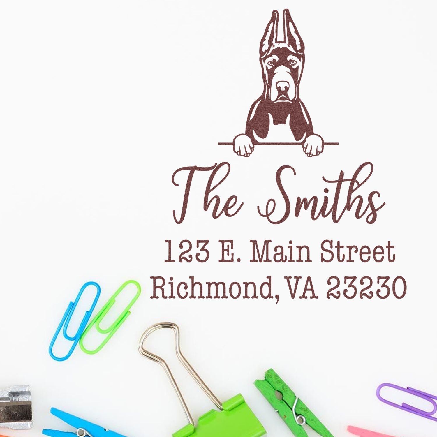 Wood Handle Great Dane Cropped Ears Customizable Dog Return Address Stamp - Engineer Seal Stamps