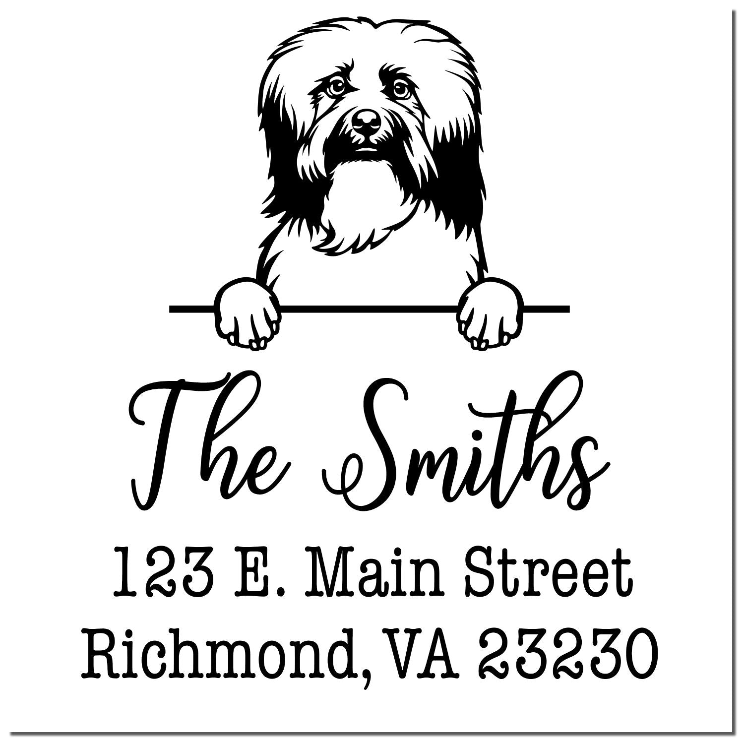 Black-and-white custom stamp and seal with shaggy dog logo, The Smiths, and address 123 E. Main Street, Richmond, VA 23230