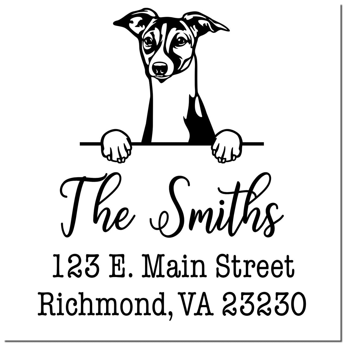Self-inking Italian Greyhound dog stamp by Trodat showing a black imprint of the handcrafted stamp on paper.