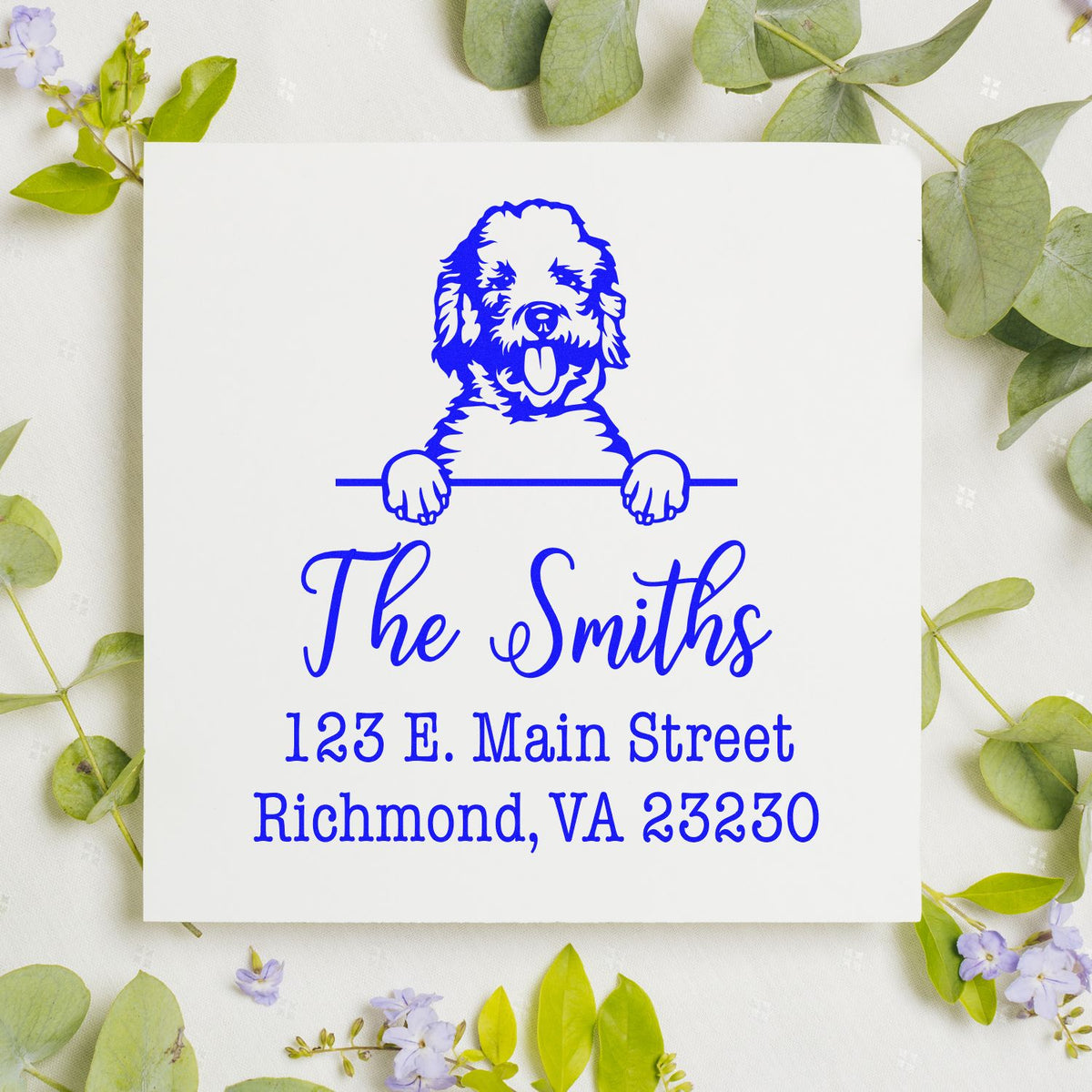 Blue custom address stamp and seal with dog illustration, The Smiths, 123 E. Main Street, Richmond, VA 23230