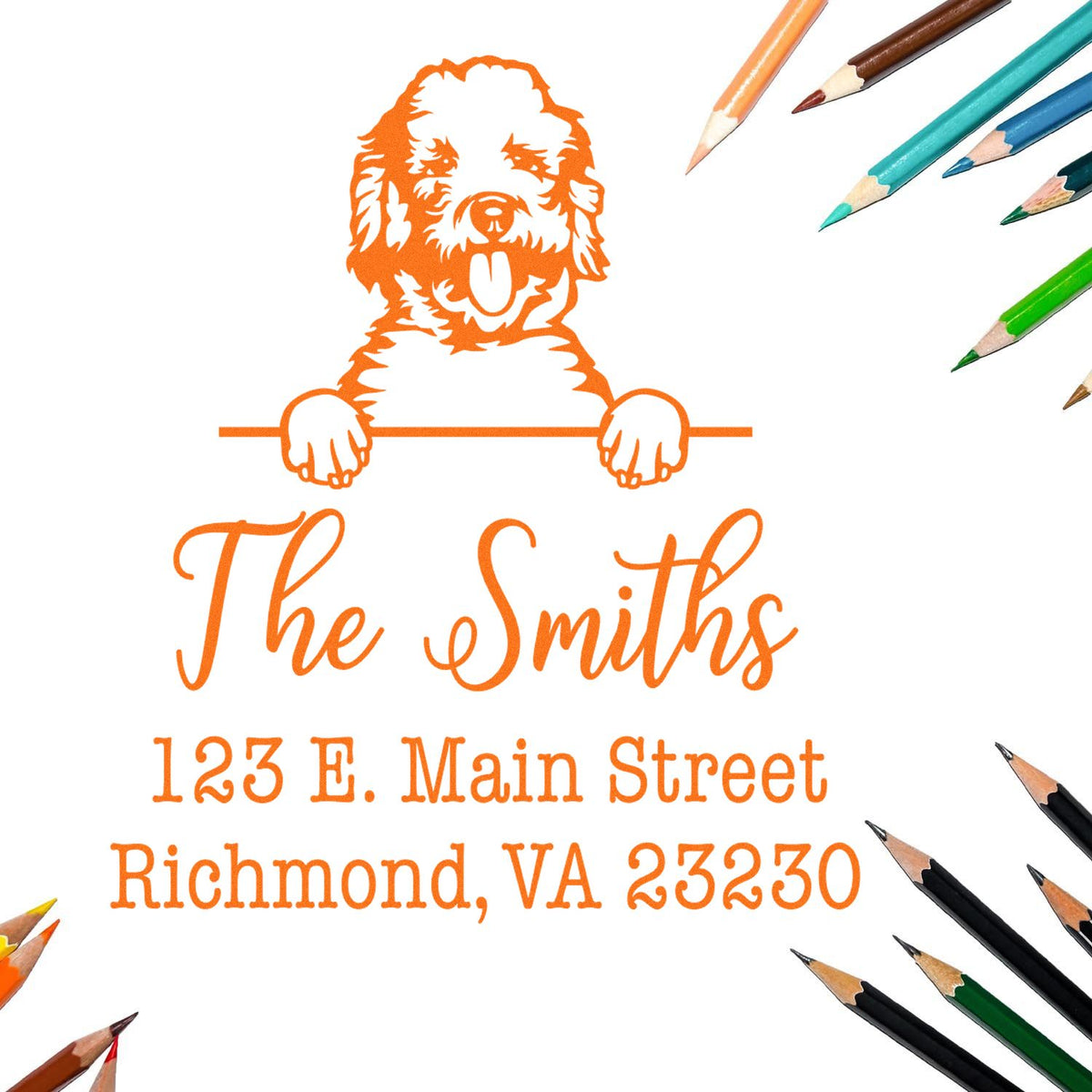 Orange custom stamp and seal with dog logo, The Smiths, 123 E. Main Street, Richmond, VA 23230, framed by colored pencils.