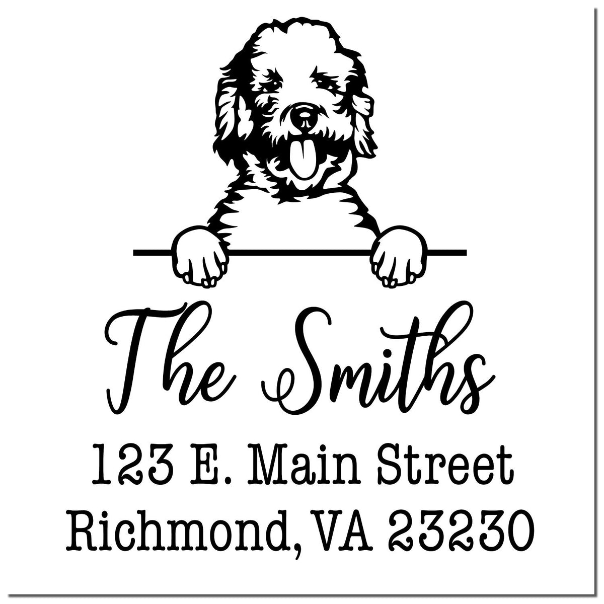 Black-and-white custom address stamp and seal with dog illustration, The Smiths, and Richmond, VA 23230.