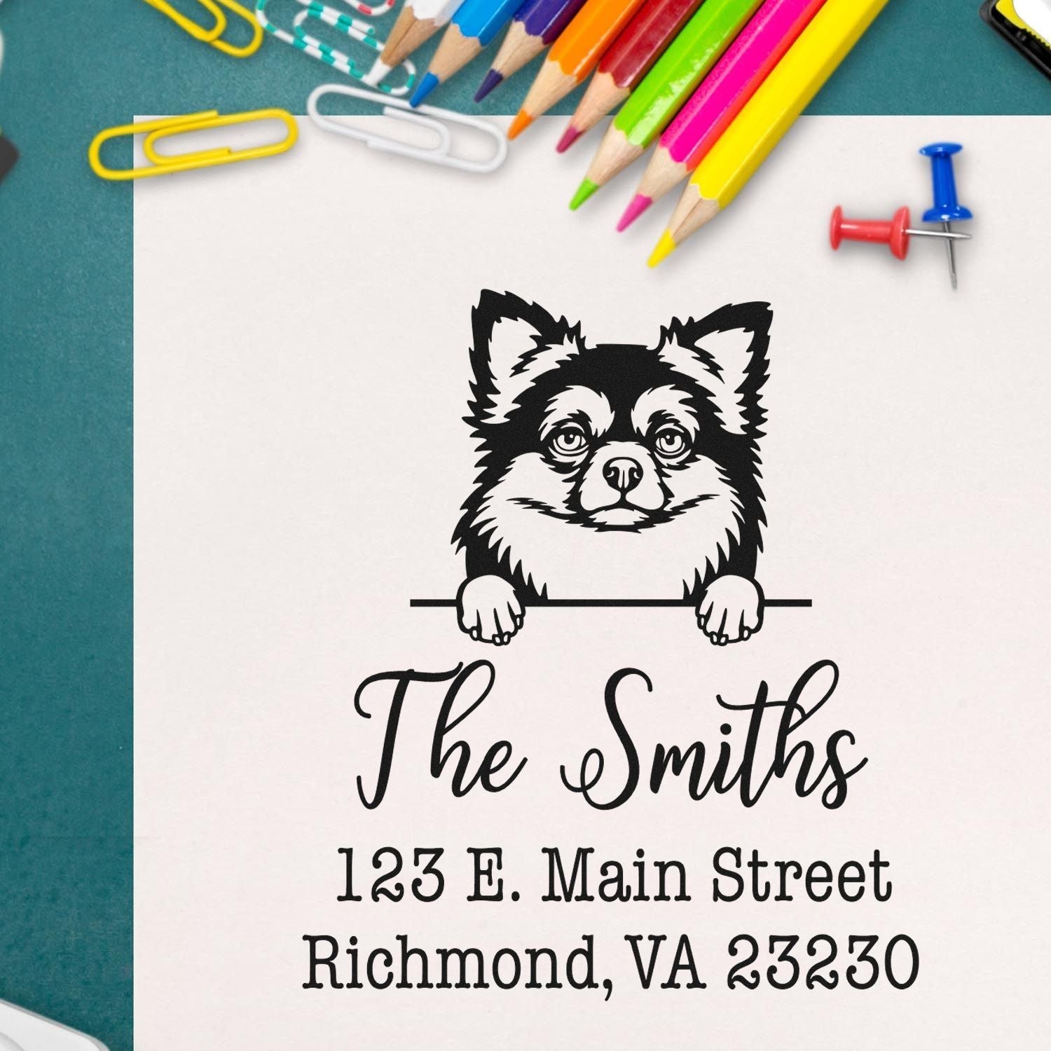 Slim Pre-Inked Long Haired Chihuahua Customized Dog Return Address Rubber Stamp - Engineer Seal Stamps