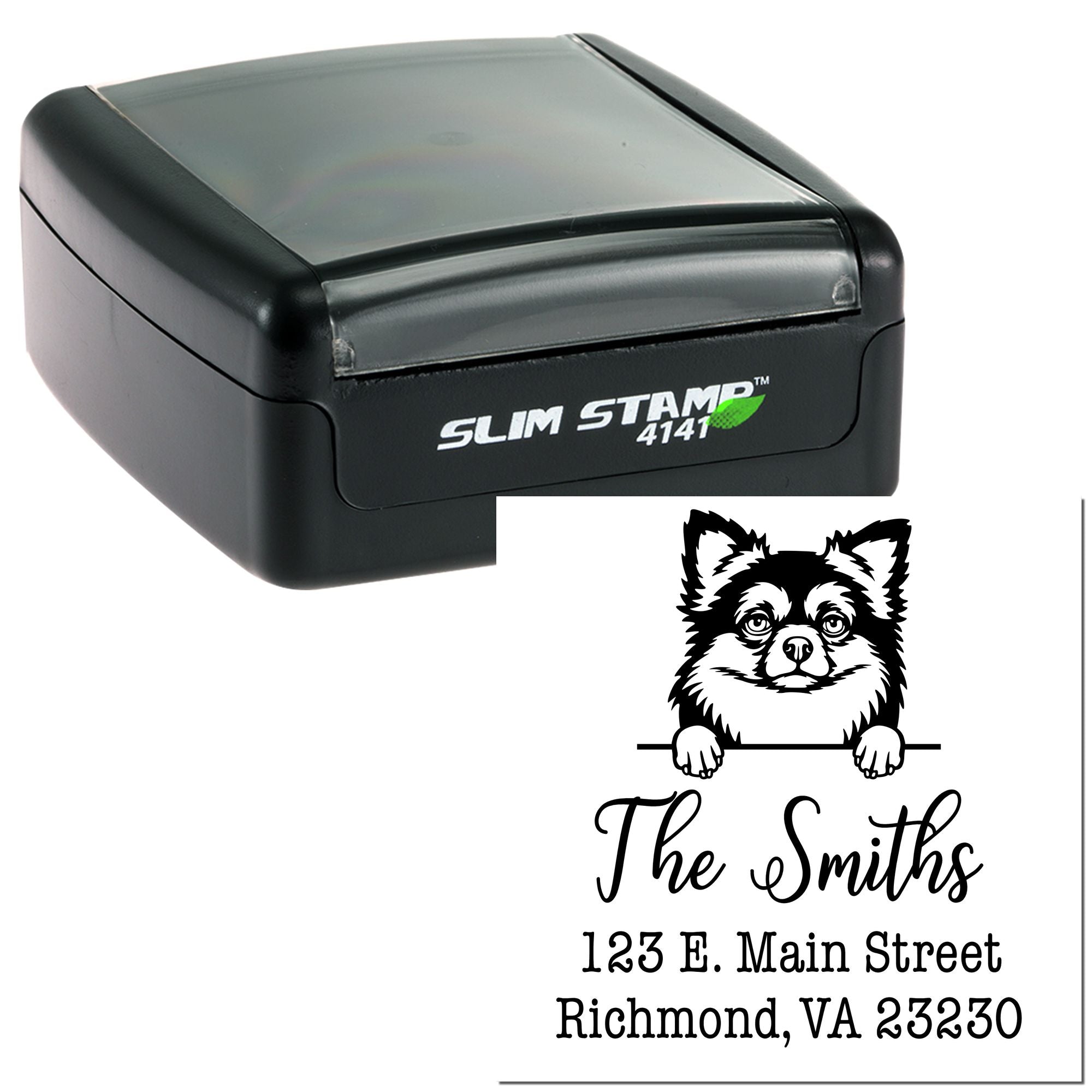 Slim Pre-Inked Long Haired Chihuahua Customized Dog Return Address Rubber Stamp - Engineer Seal Stamps