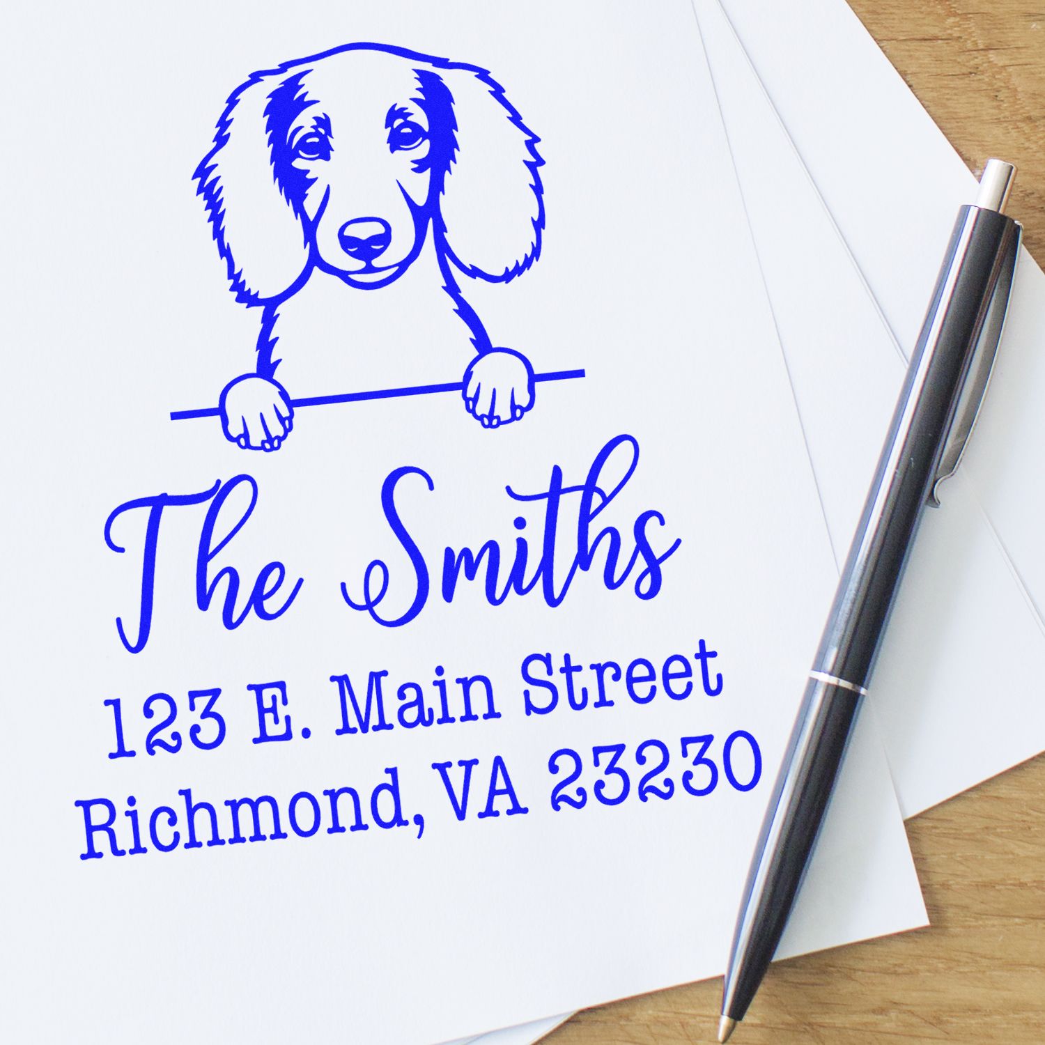 Wood Handle Longhaired Dachshund Customizable High-Quality Address Stamp - Engineer Seal Stamps