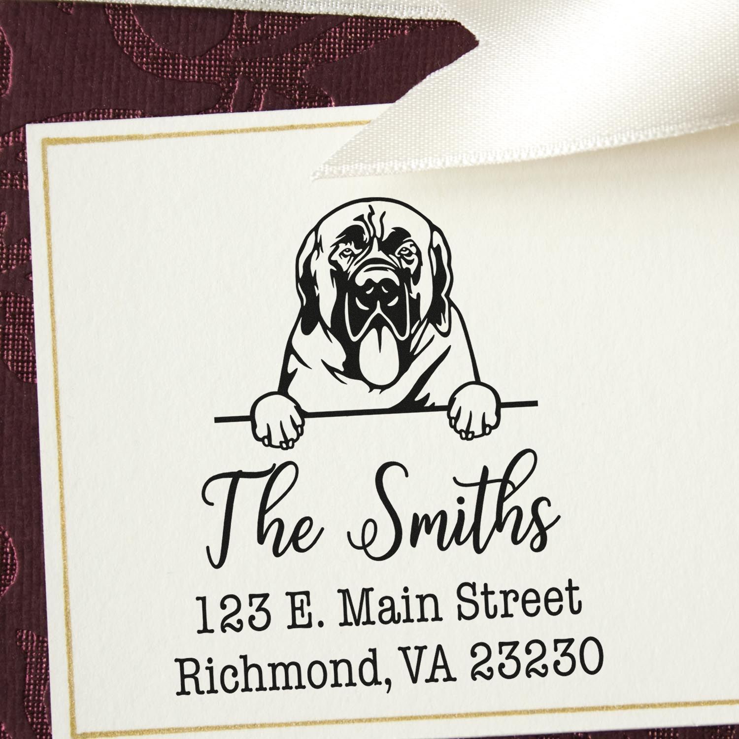 ESS Wood Handle Mastiffs dog address rubber stamp in use, showcasing customizable home address design with a detailed mastiff illustration.