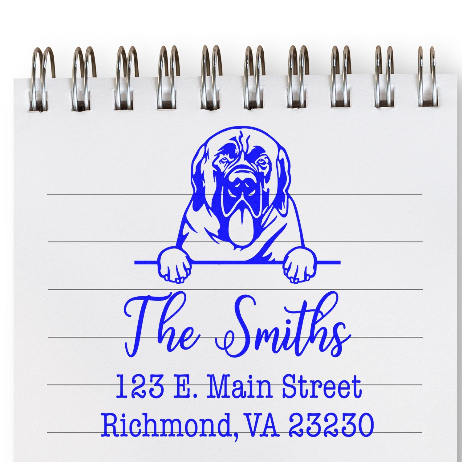Dog stamps featuring Mastiffs with a wood handle, customizable home address rubber stamp by ESS in use.